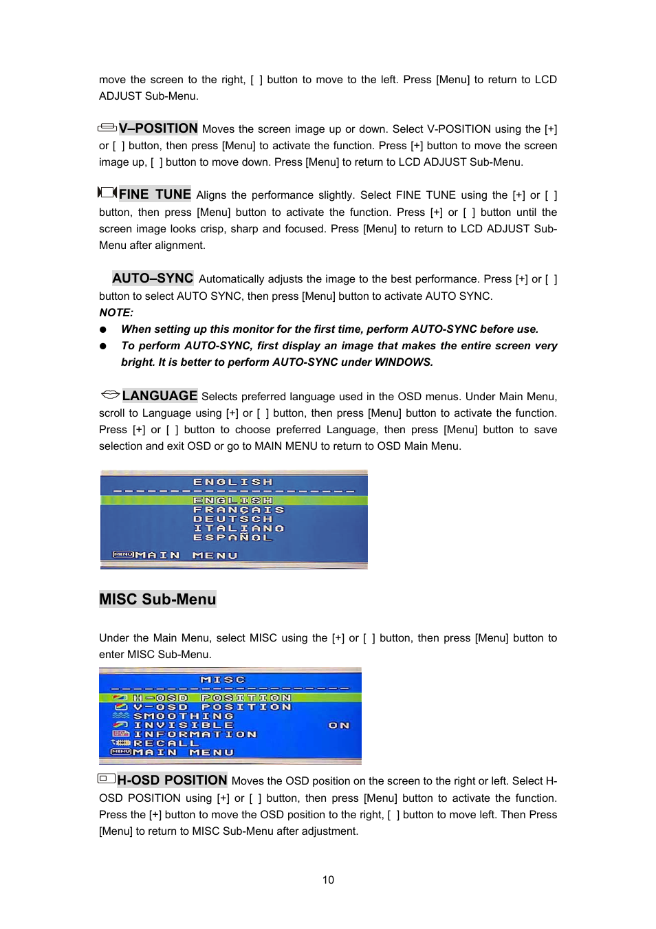 Misc sub-menu | Planar PL170 User Manual | Page 11 / 16