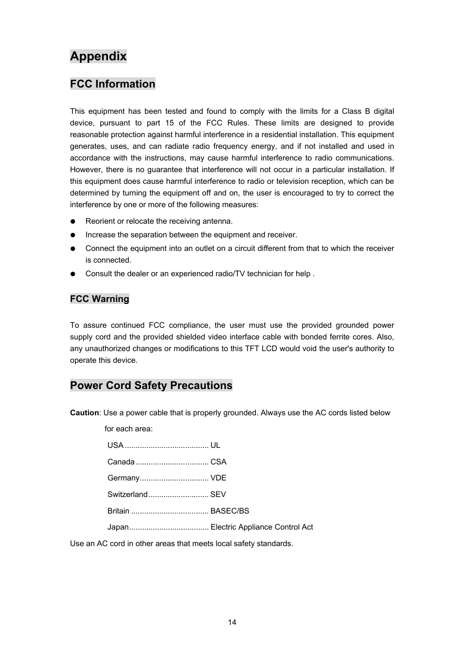 Appendix, Fcc information, Power cord safety precautions | Planar PL170 User Manual | Page 15 / 16