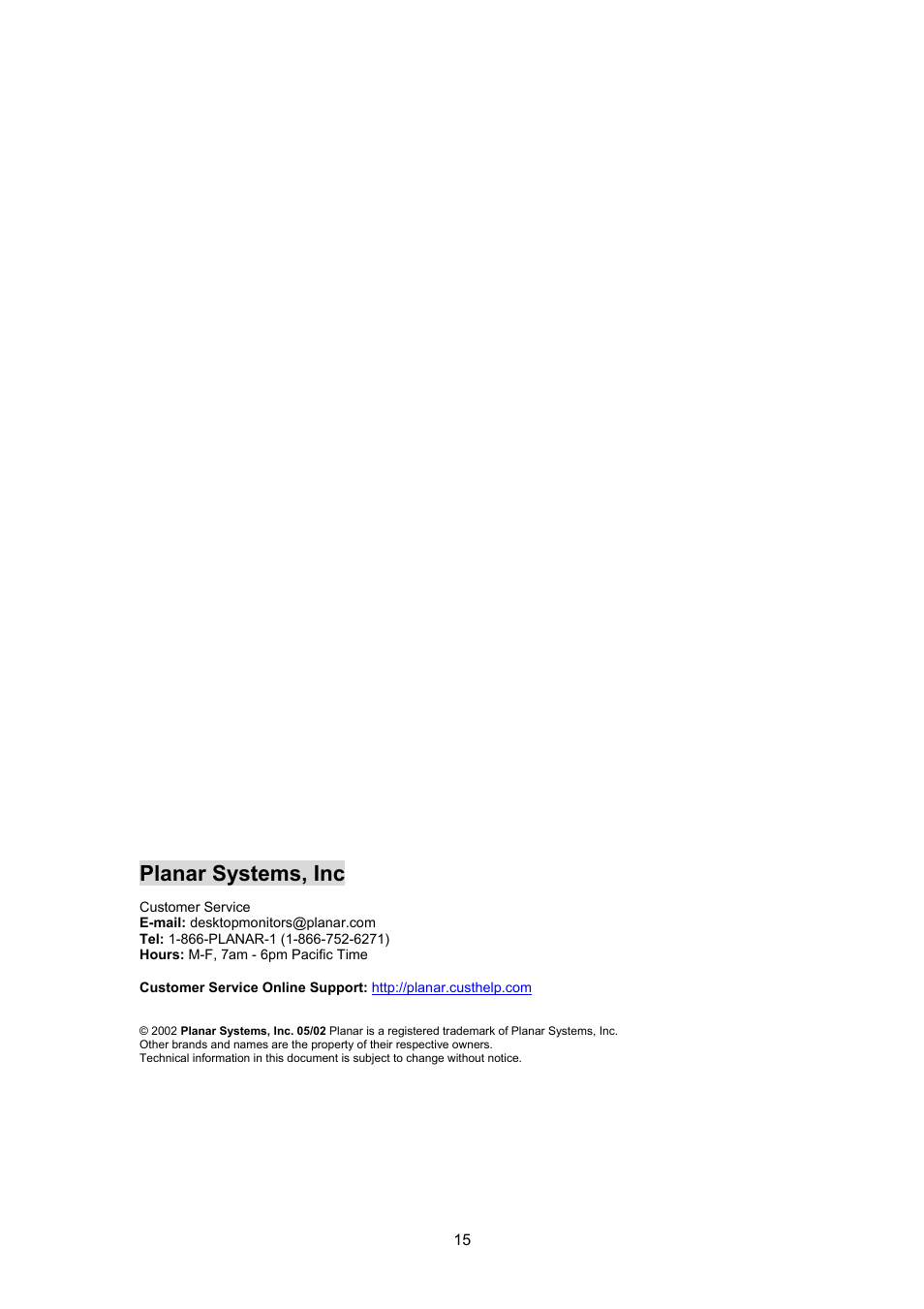 Planar systems, inc | Planar PL170 User Manual | Page 16 / 16