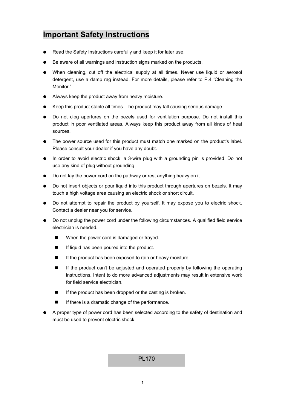 Important safety instructions, Pl170 | Planar PL170 User Manual | Page 2 / 16