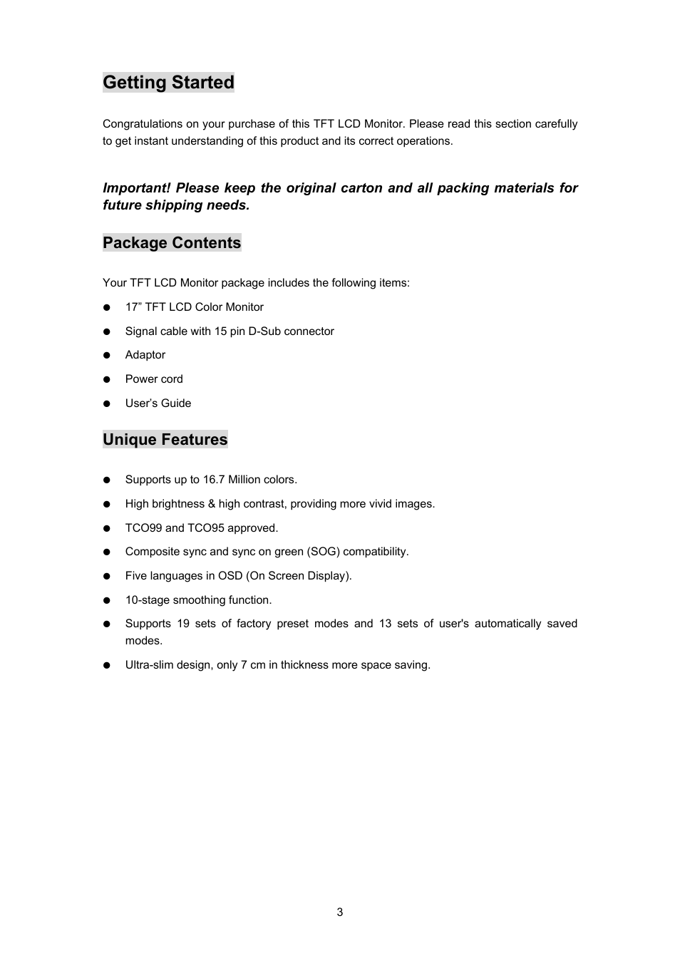 Getting started, Package contents, Unique features | Planar PL170 User Manual | Page 4 / 16