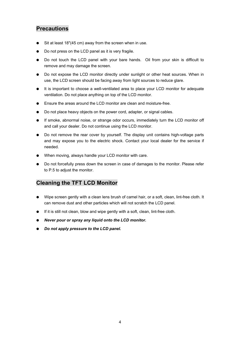 Precautions, Cleaning the tft lcd monitor | Planar PL170 User Manual | Page 5 / 16