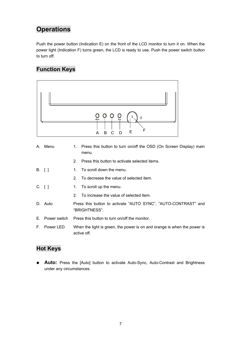 Operations, Function keys, Hot keys | Planar PL170 User Manual | Page 8 / 16