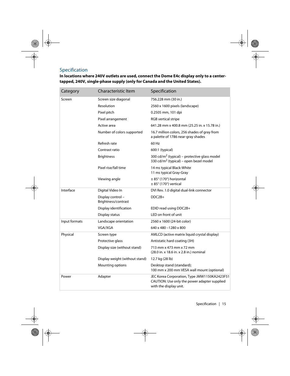 Specification | Planar Dome E4c User Manual | Page 23 / 34