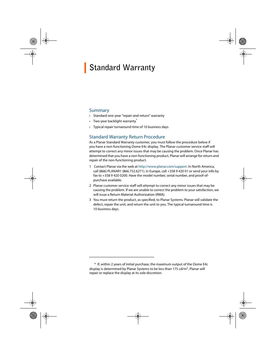 Standard warranty, Summary, Standard warranty return procedure | Planar Dome E4c User Manual | Page 32 / 34