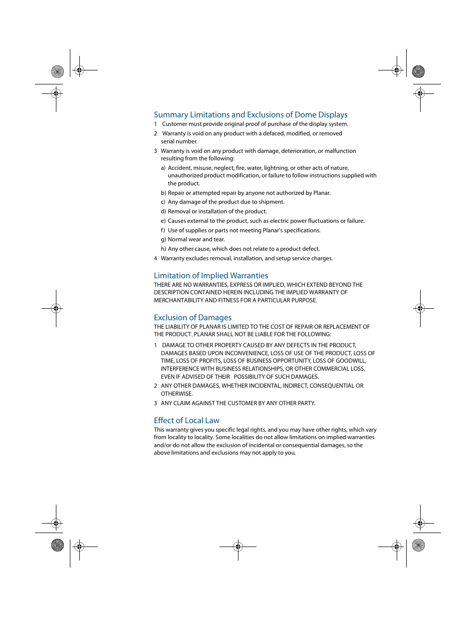 Limitation of implied warranties, Exclusion of damages, Effect of local law | Planar Dome E4c User Manual | Page 33 / 34