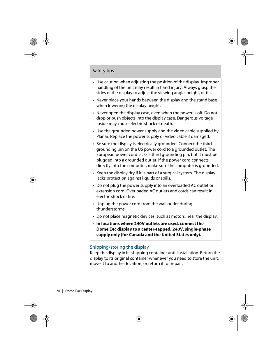 Shipping/storing the display | Planar Dome E4c User Manual | Page 6 / 34