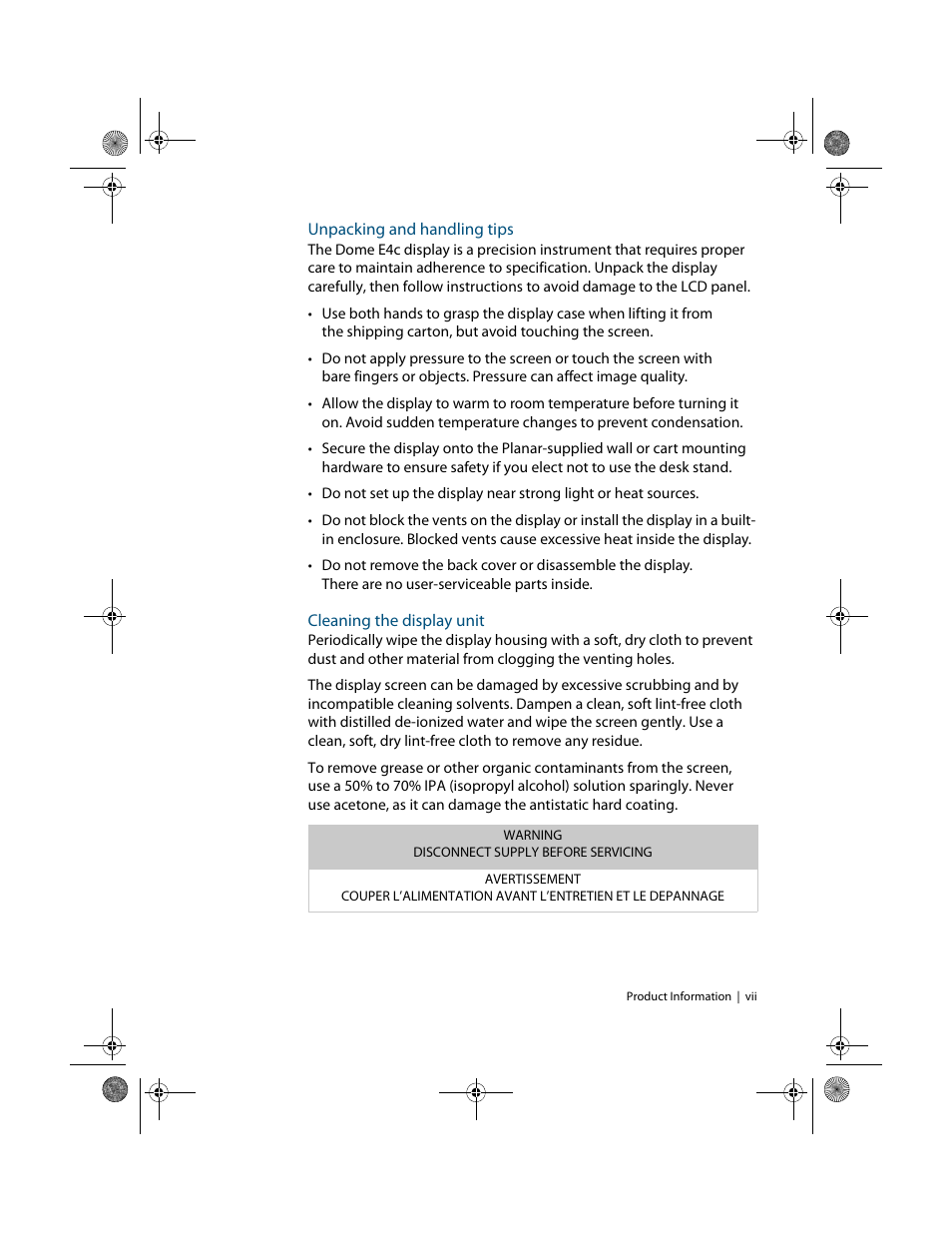 Unpacking and handling tips, Cleaning the display unit | Planar Dome E4c User Manual | Page 7 / 34