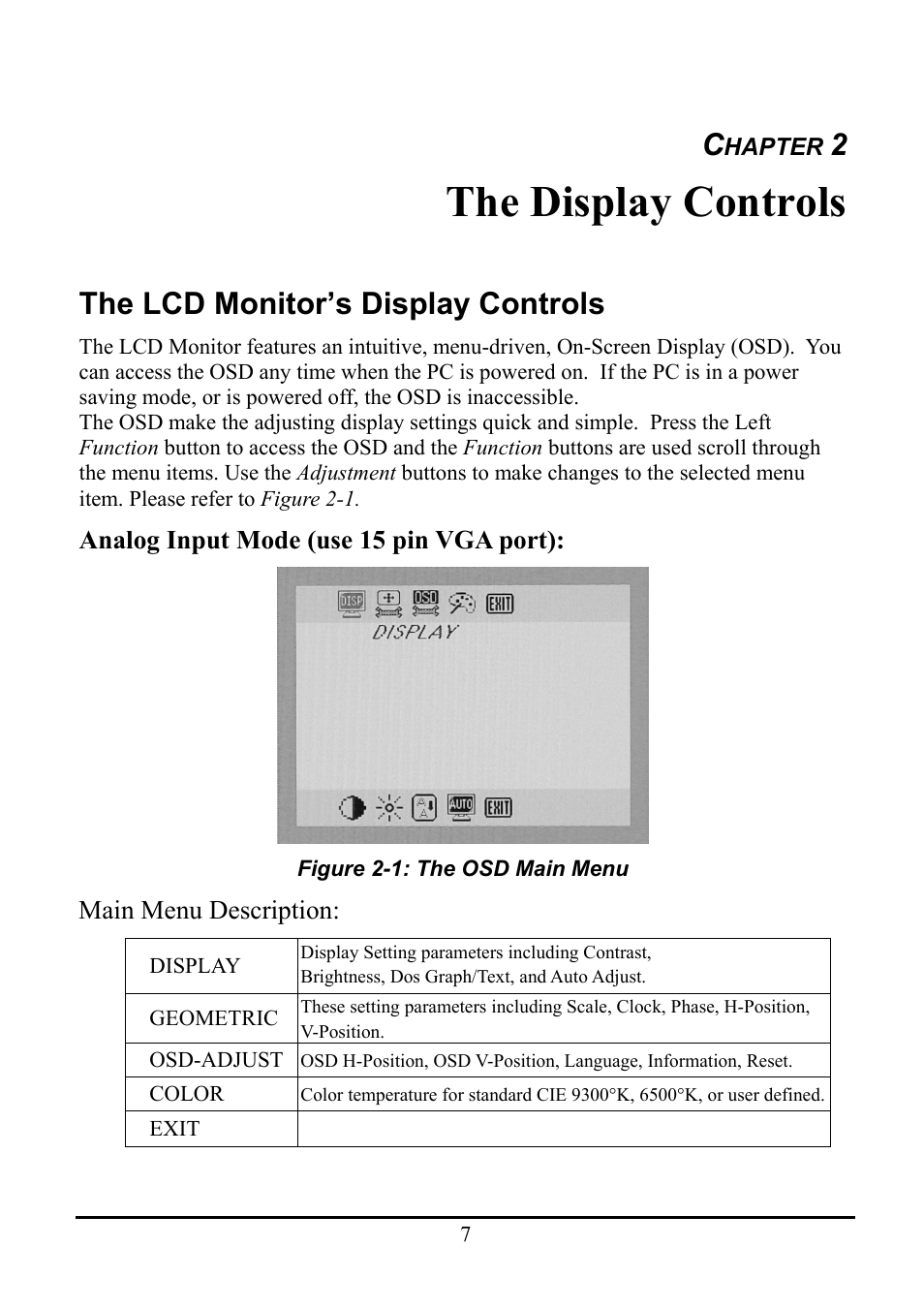 The display controls, The lcd monitor’s display controls | Planar WS231 User Manual | Page 12 / 25