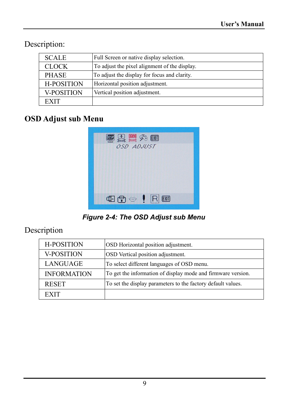 Description, Osd adjust sub menu | Planar WS231 User Manual | Page 14 / 25