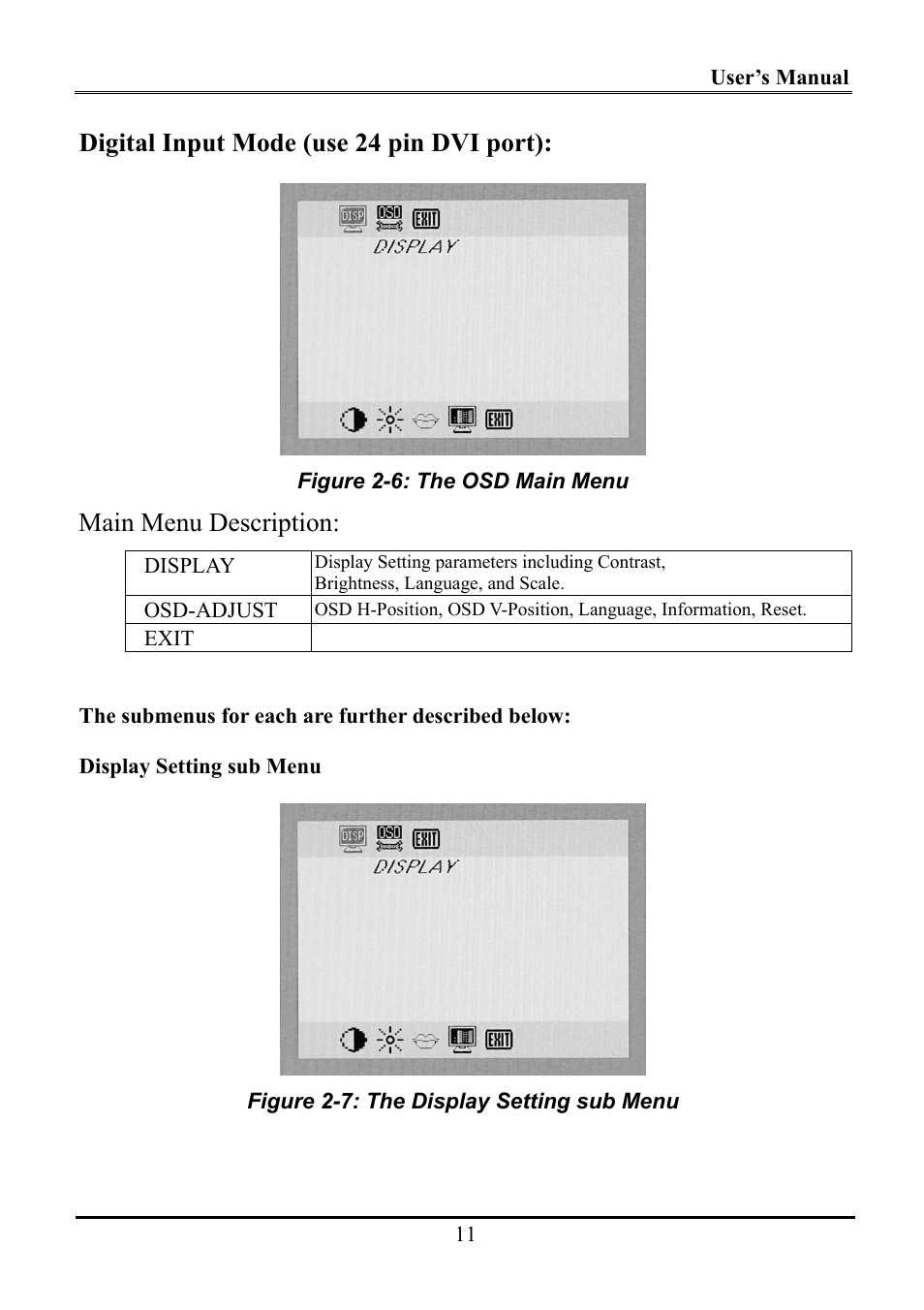 Digital input mode (use 24 pin dvi port), Main menu description | Planar WS231 User Manual | Page 16 / 25