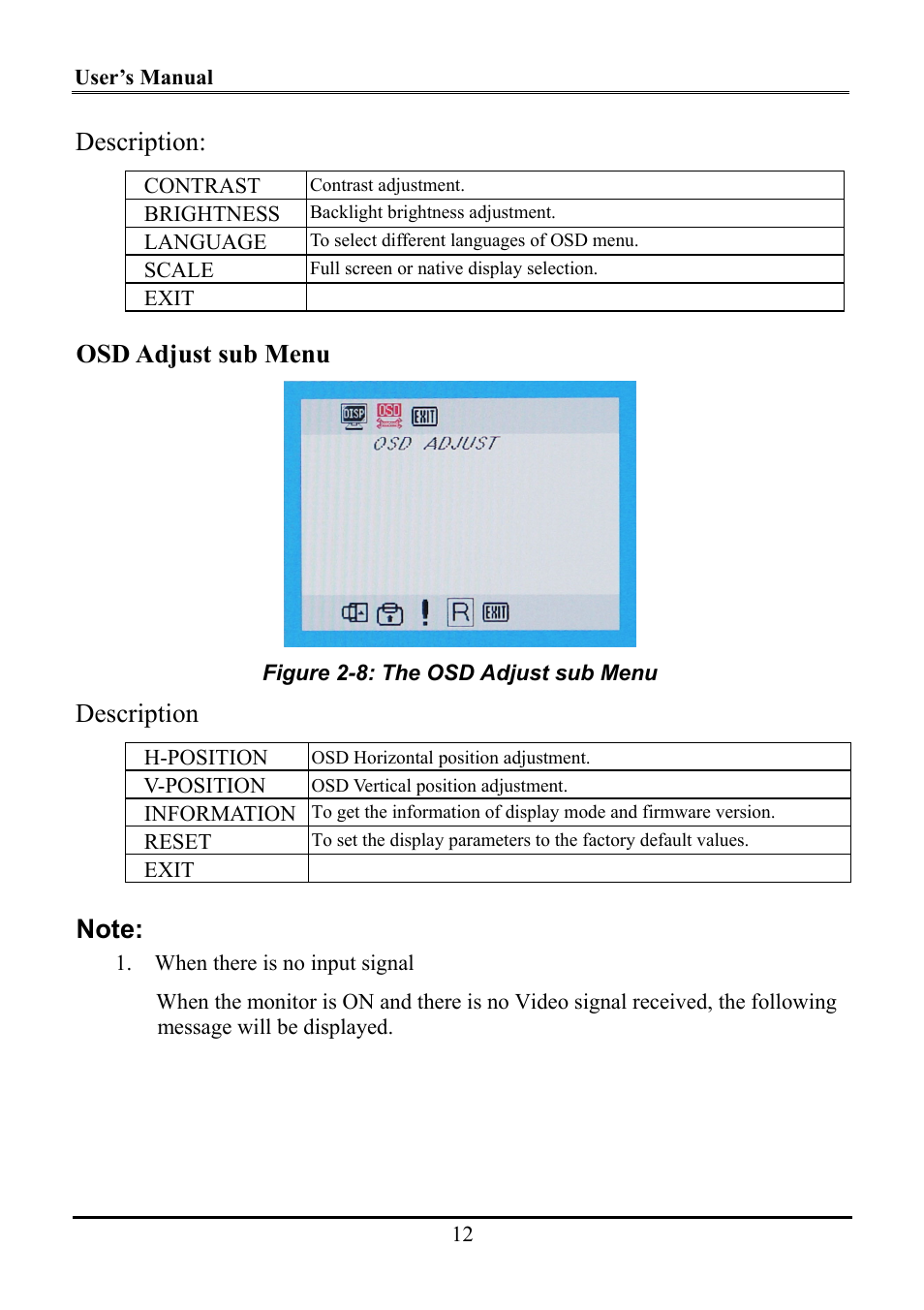 Description, Osd adjust sub menu | Planar WS231 User Manual | Page 17 / 25