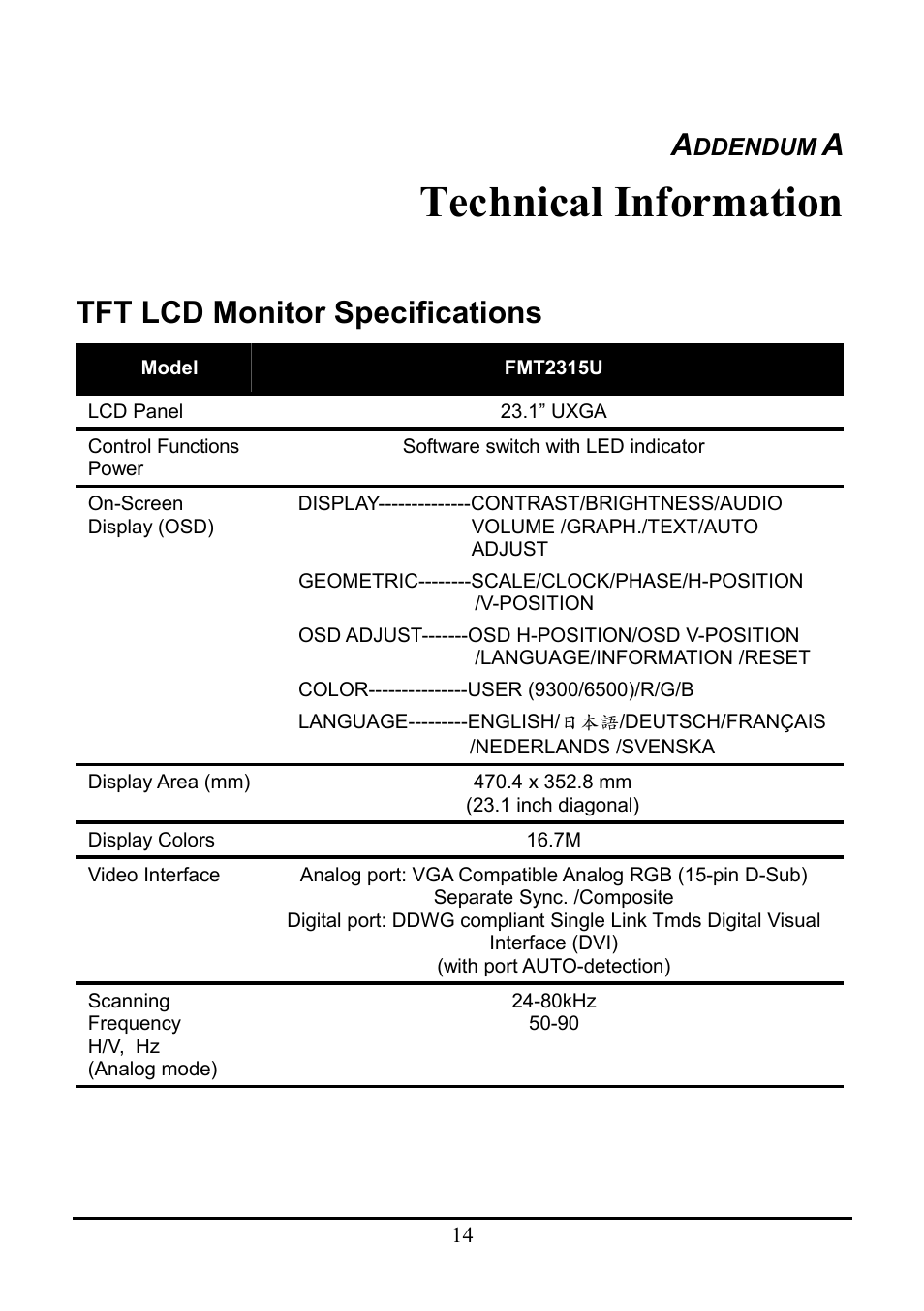 Technical information, Tft lcd monitor specifications | Planar WS231 User Manual | Page 19 / 25