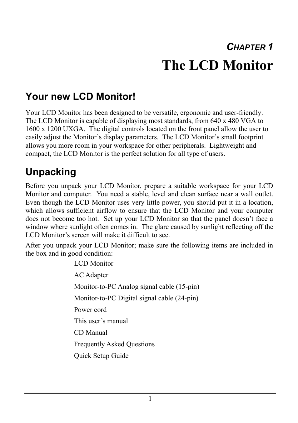 The lcd monitor, Your new lcd monitor, Unpacking | Planar WS231 User Manual | Page 6 / 25