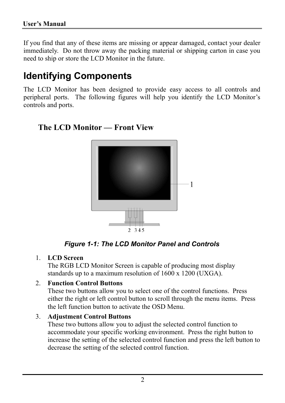 Identifying components, The lcd monitor — front view | Planar WS231 User Manual | Page 7 / 25