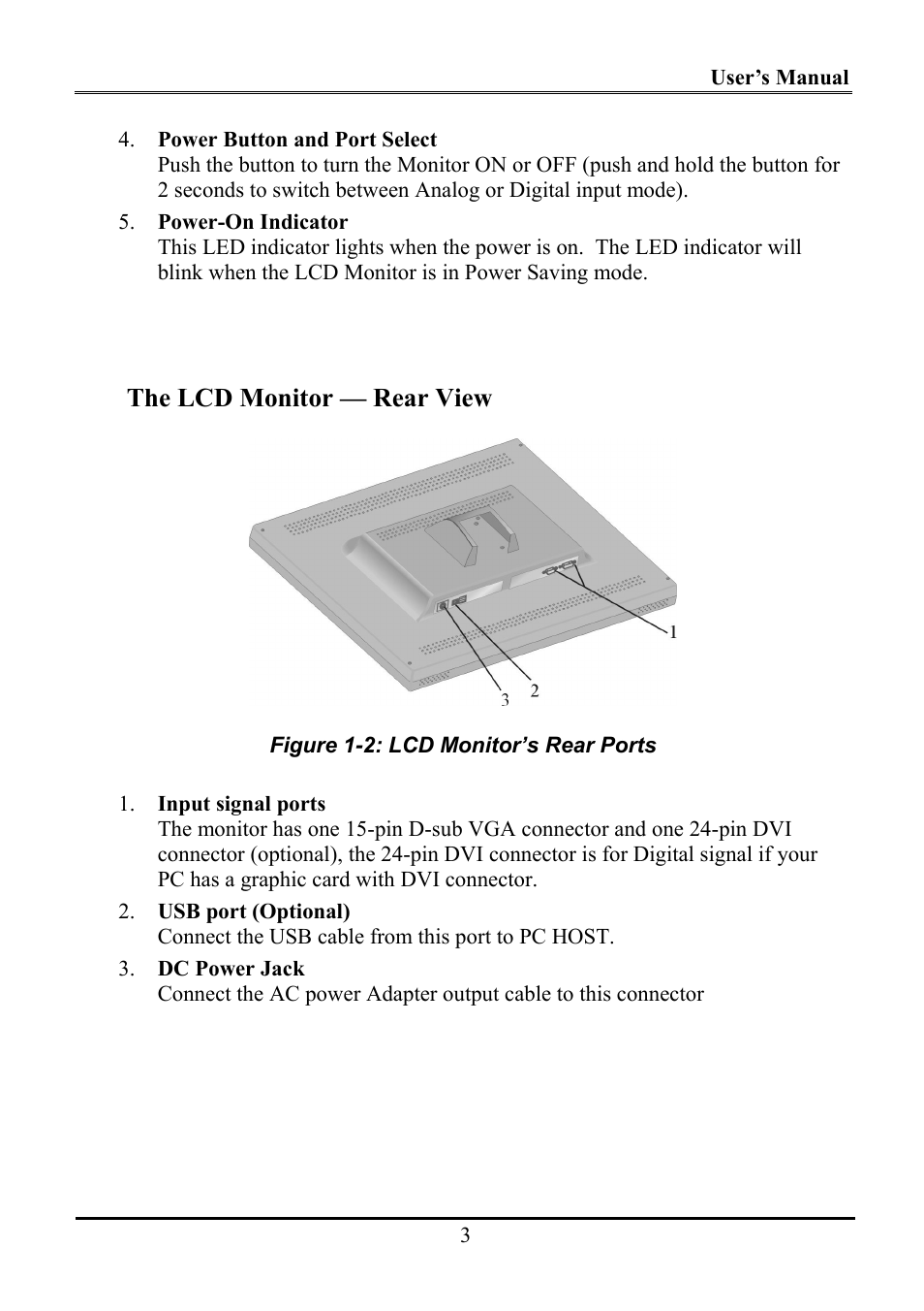 The lcd monitor — rear view | Planar WS231 User Manual | Page 8 / 25