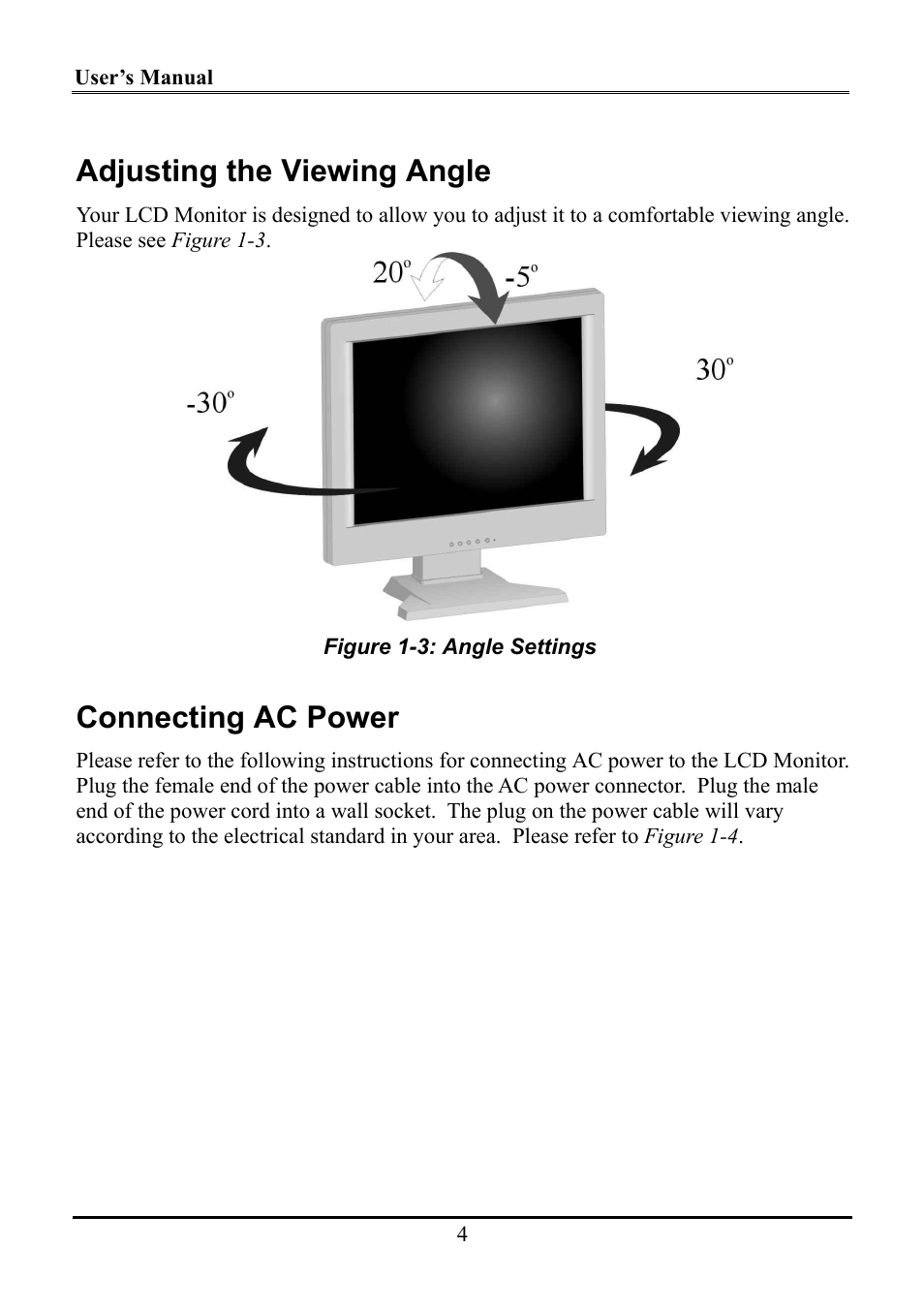 Adjusting the viewing angle, Connecting ac power | Planar WS231 User Manual | Page 9 / 25