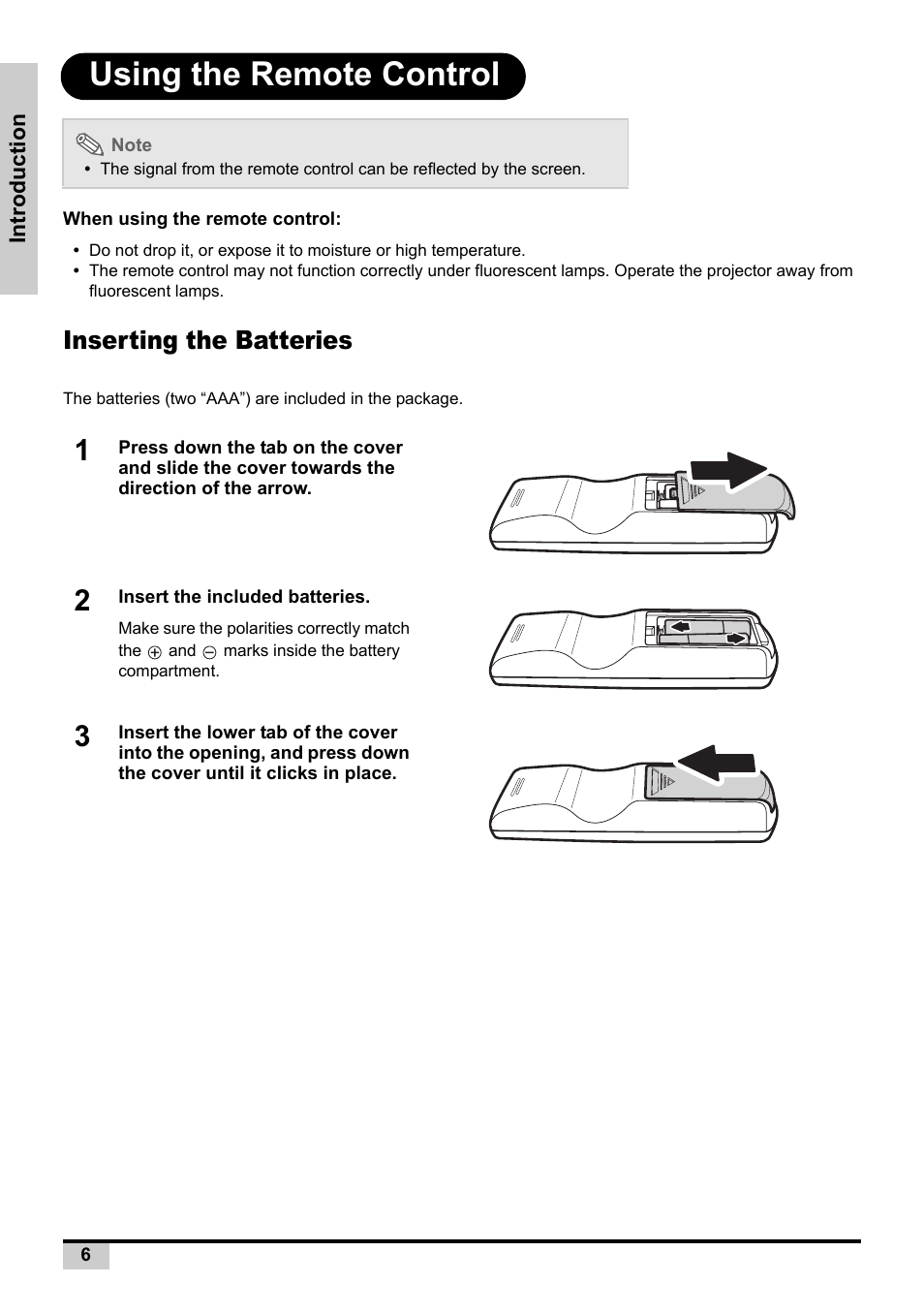 Using the remote control, Inserting the batteries | Planar PD7130 User Manual | Page 14 / 53