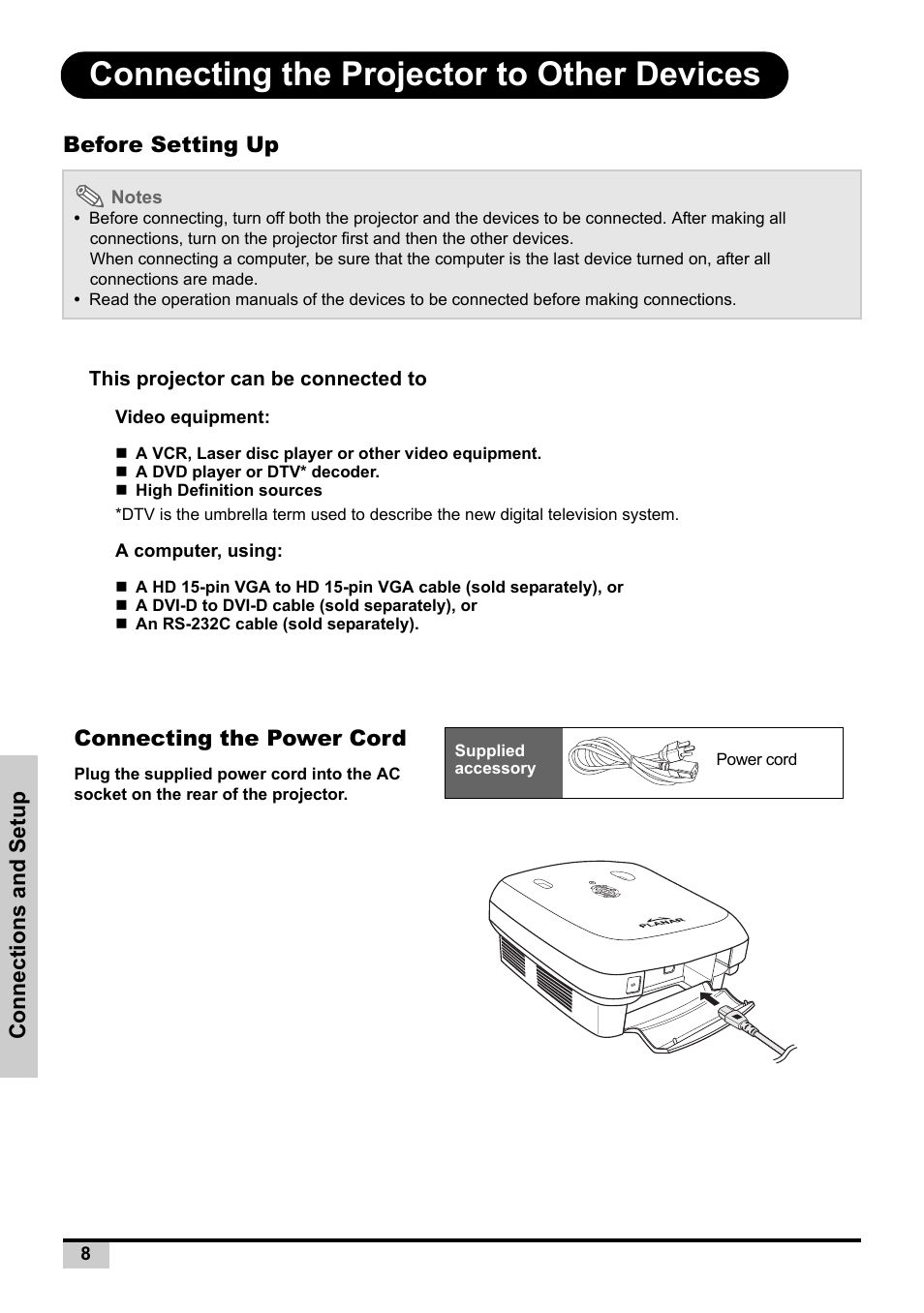 Connecting the projector to other devices, Before setting up, Connecting the power cord | Before setting up connecting the power cord | Planar PD7130 User Manual | Page 16 / 53