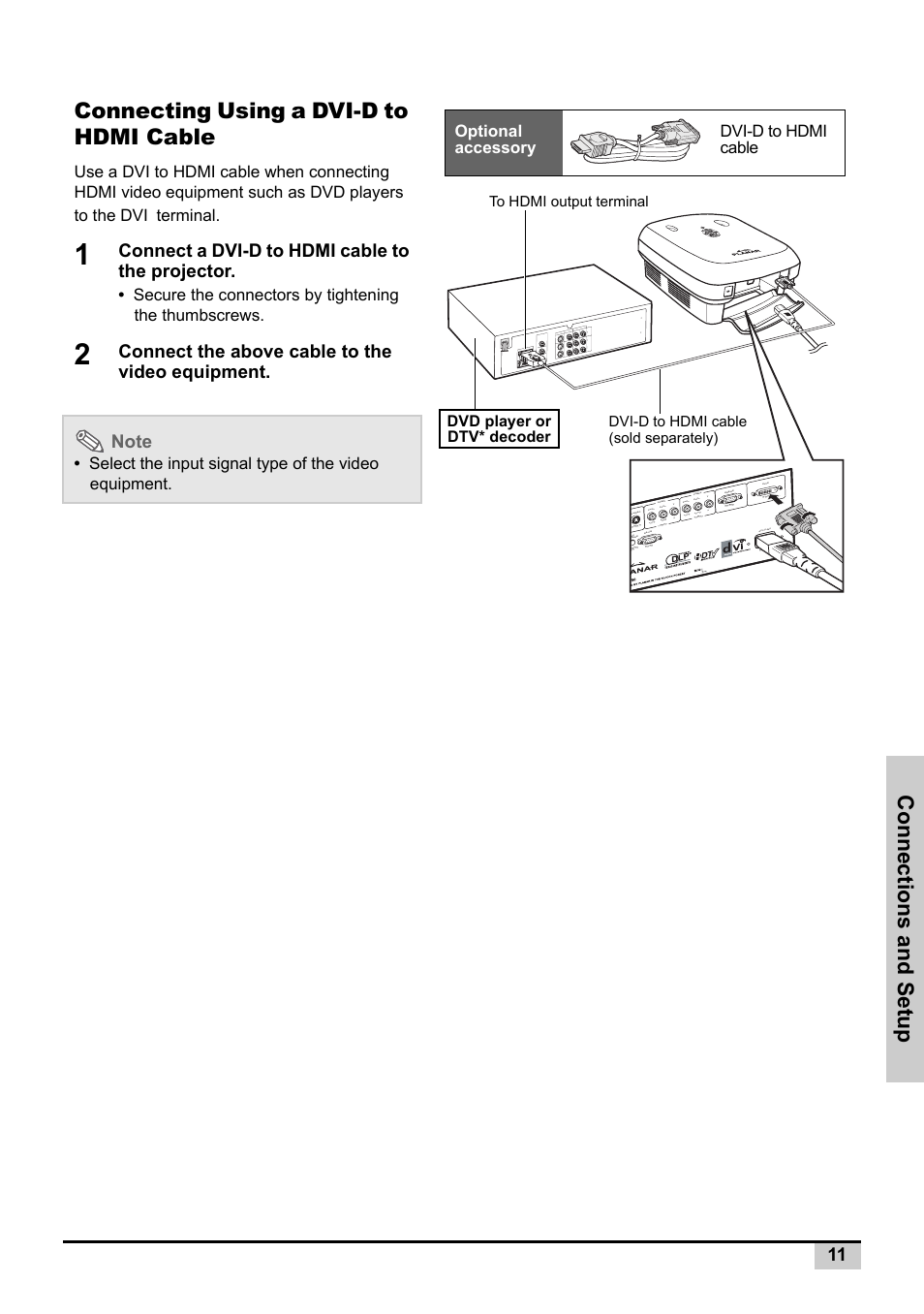 Connecting using a dvi-d to hdmi cable, Connections and setup, Connect a dvi-d to hdmi cable to the projector | Planar PD7130 User Manual | Page 19 / 53