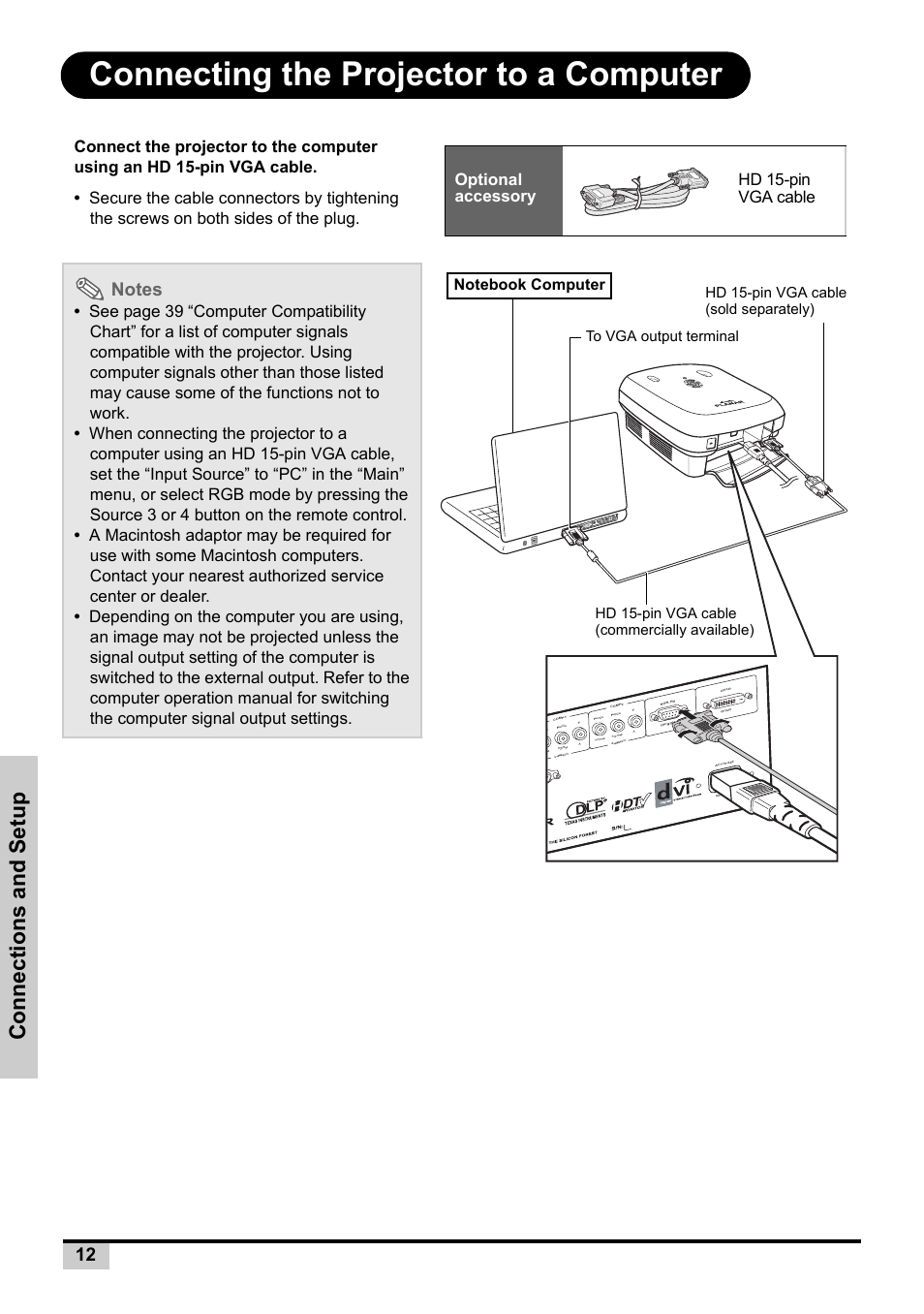 Connecting the projector to a computer, Co nnection s an d setup, Optional accessory hd 15-pin vga cable | Planar PD7130 User Manual | Page 20 / 53