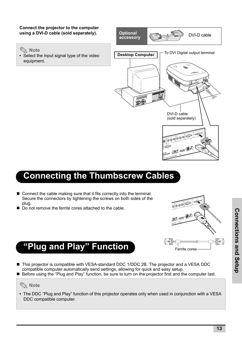 Connecting the thumbscrew cables, Plug and play” function, Connections and setup | Planar PD7130 User Manual | Page 21 / 53