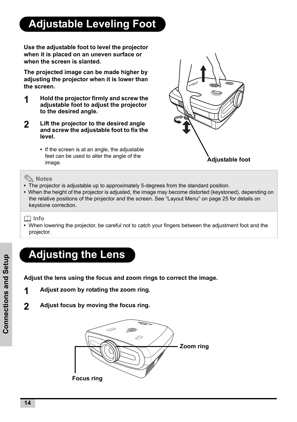 Adjustable leveling foot, Adjusting the lens, Adjustable leveling foot adjusting the lens | Planar PD7130 User Manual | Page 22 / 53