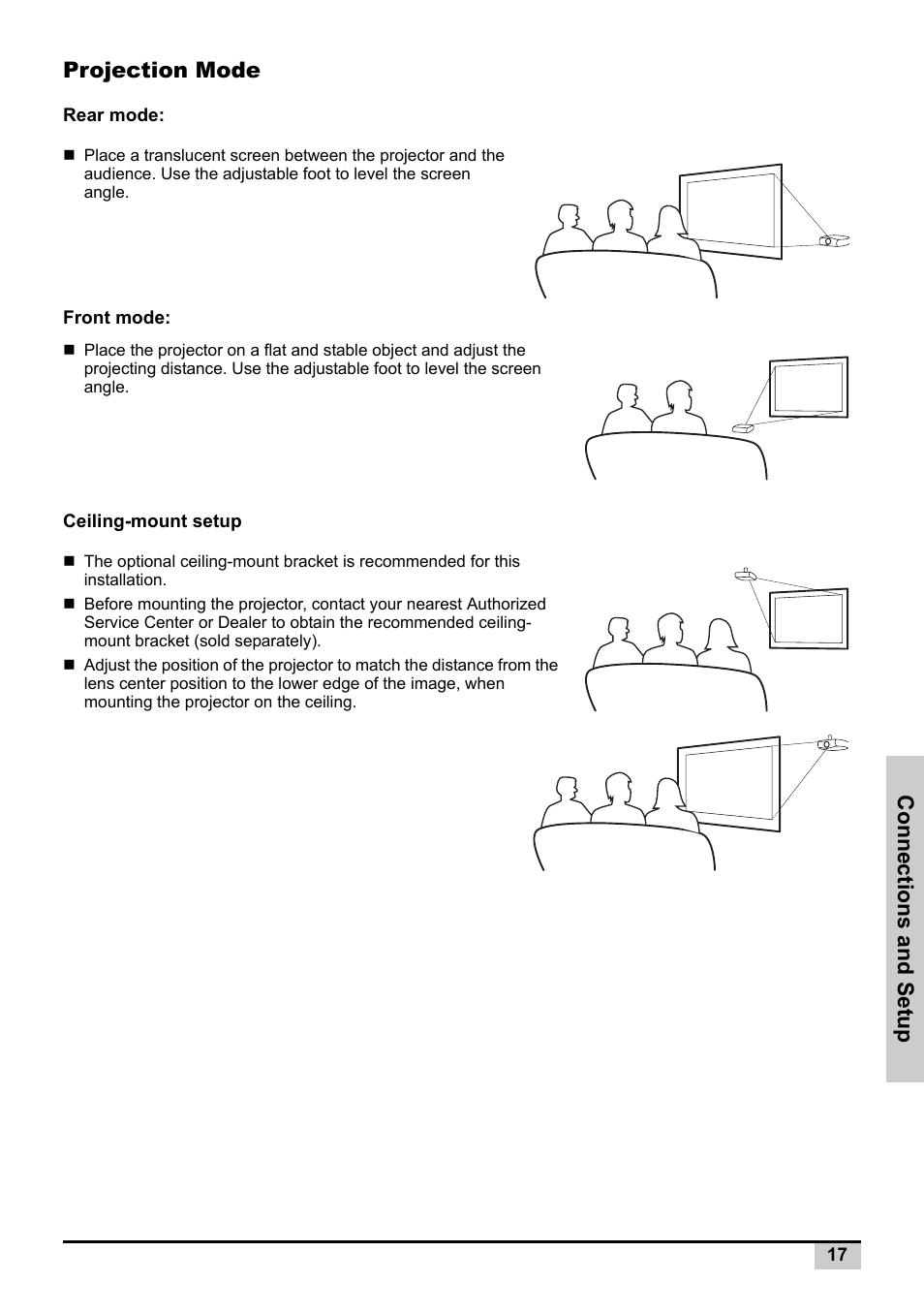 Projection mode, Connections and setup | Planar PD7130 User Manual | Page 25 / 53