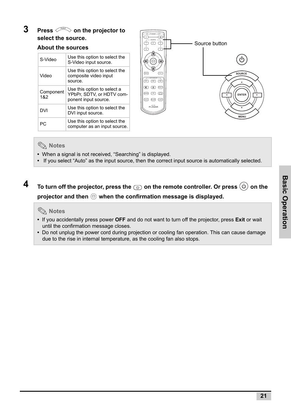 Basic operation, About the sources, Source button | Planar PD7130 User Manual | Page 29 / 53