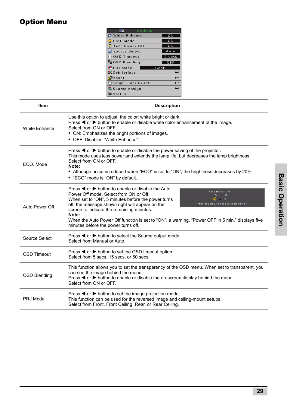 Option menu, Basic operation | Planar PD7130 User Manual | Page 37 / 53