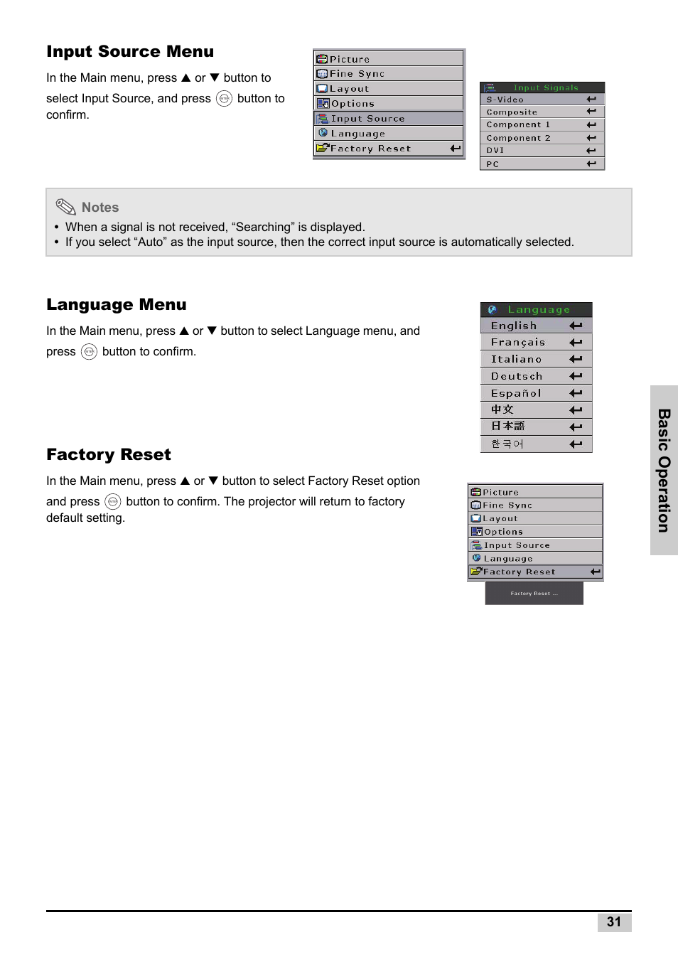 Input source menu, Language menu, Factory reset | Input source menu language menu, Basic operation | Planar PD7130 User Manual | Page 39 / 53