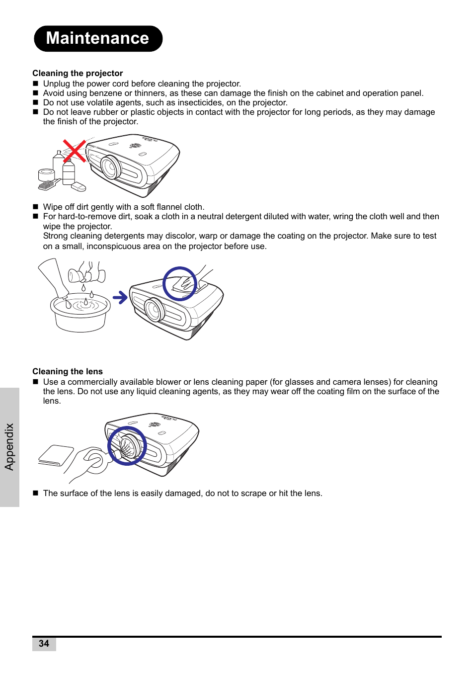 Maintenance, Appendix | Planar PD7130 User Manual | Page 42 / 53