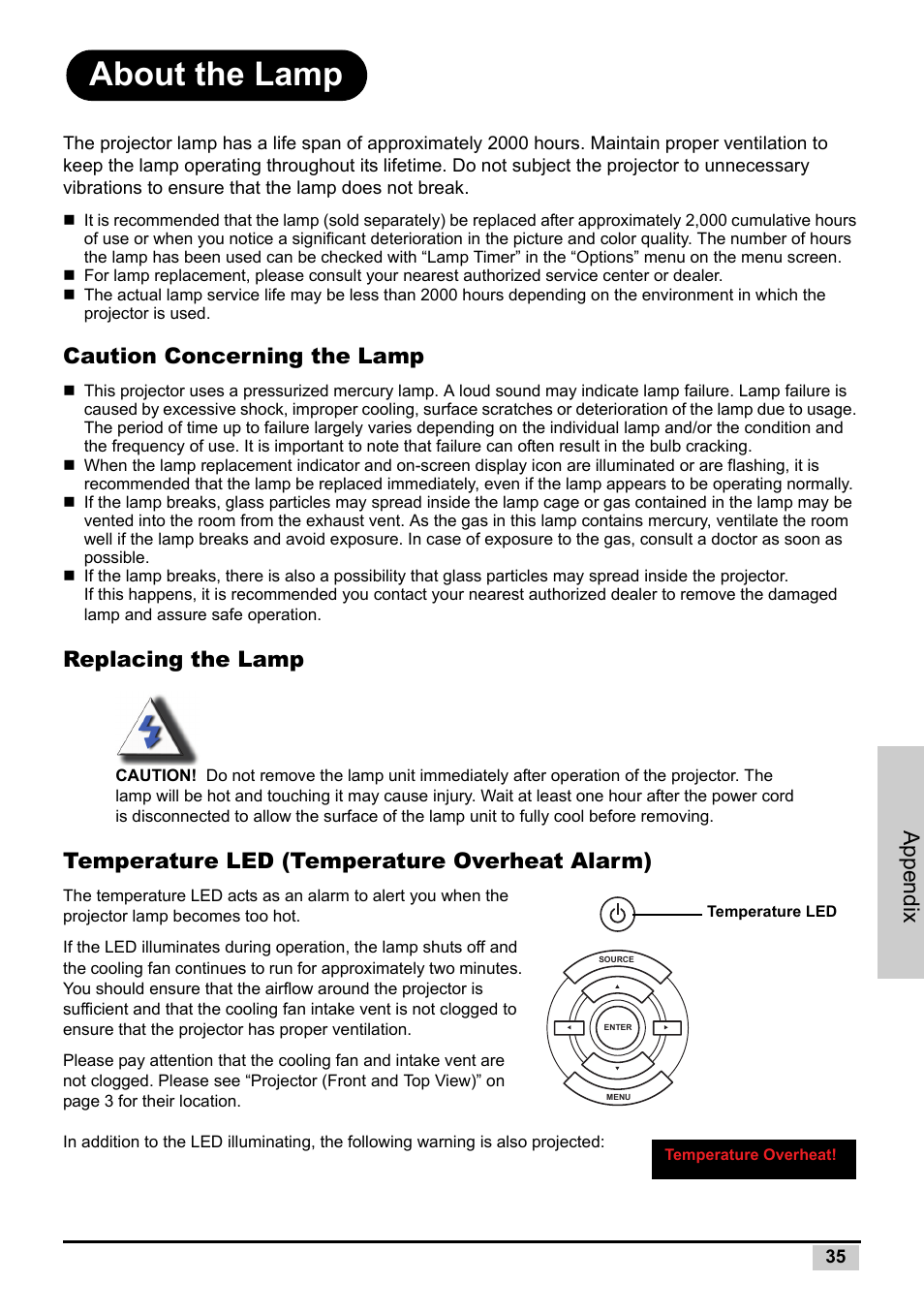 About the lamp, Caution concerning the lamp, Replacing the lamp | Temperature led (temperature overheat alarm), Appendix | Planar PD7130 User Manual | Page 43 / 53