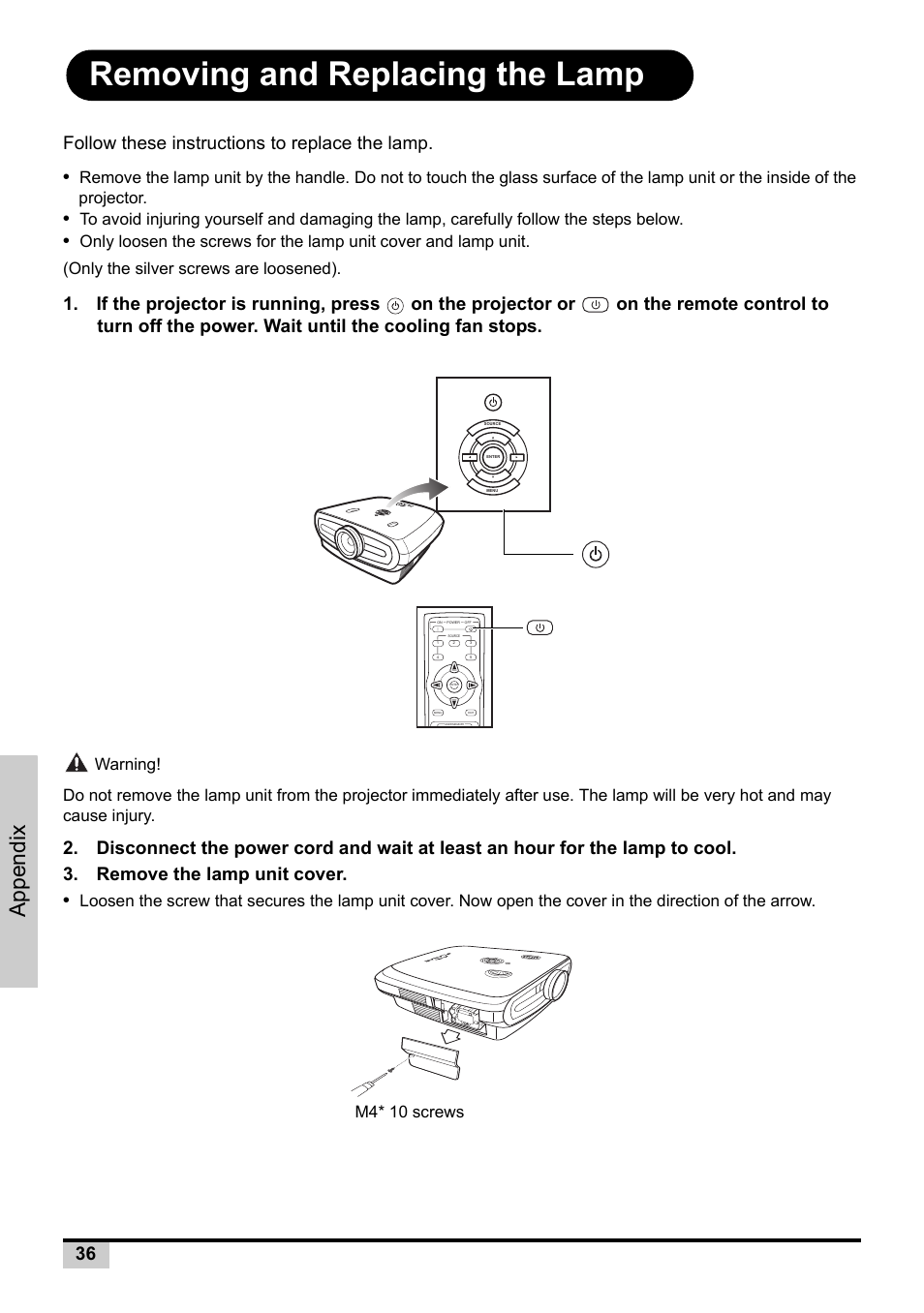 Removing and replacing the lamp, Appendix, Follow these instructions to replace the lamp | M4* 10 screws | Planar PD7130 User Manual | Page 44 / 53
