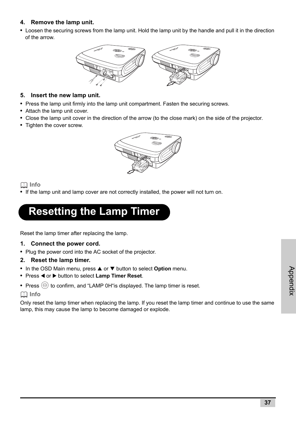 Resetting the lamp timer, Appendix | Planar PD7130 User Manual | Page 45 / 53