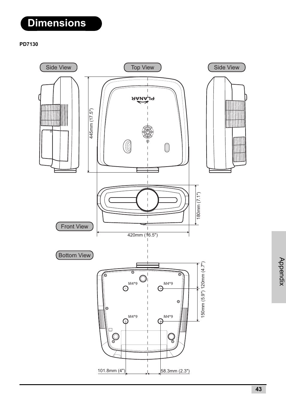 Dimensions, Appendix, Front view side view side view bottom view | Top view | Planar PD7130 User Manual | Page 51 / 53