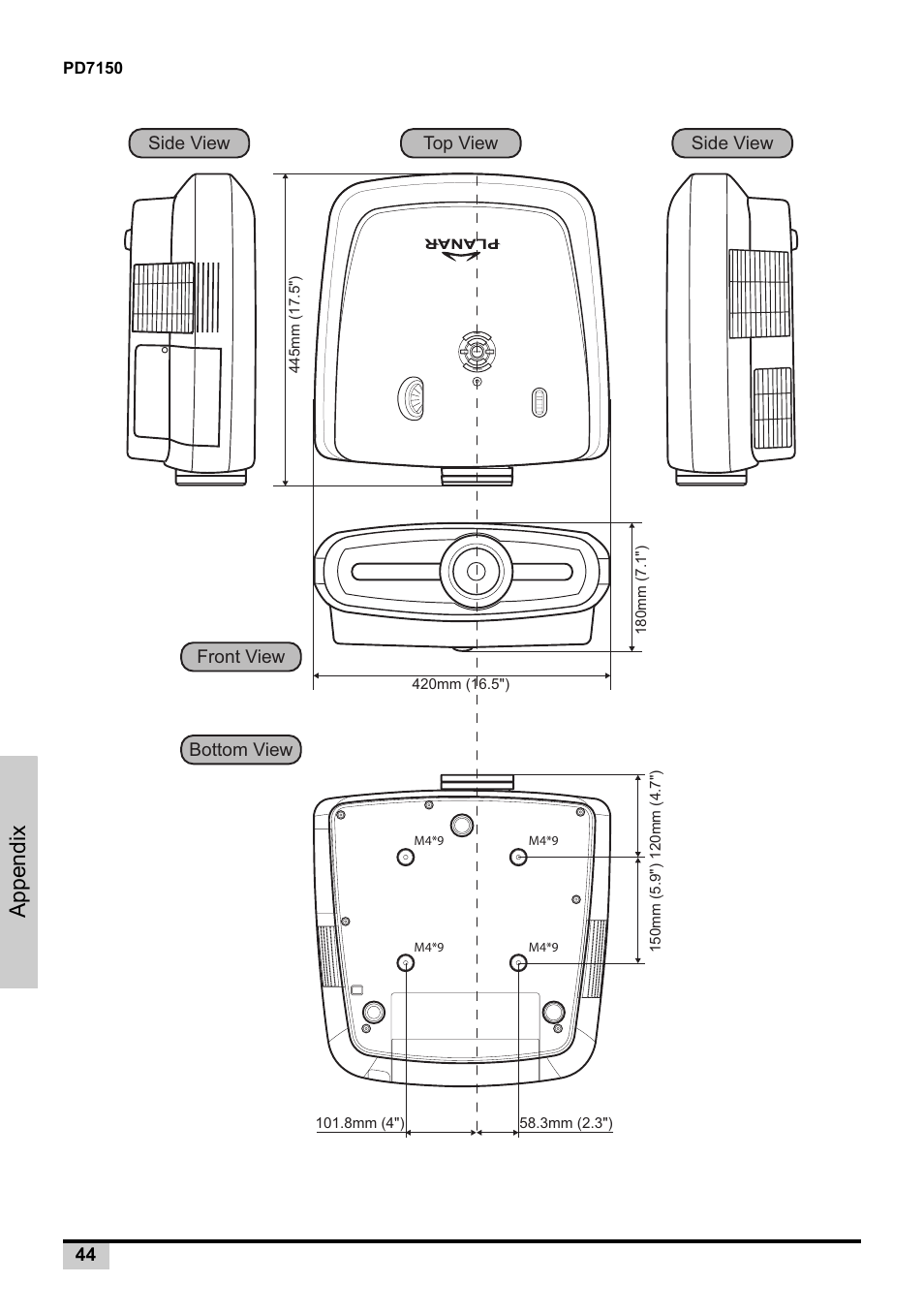 Appendix, Front view bottom view side view side view, Top view | Planar PD7130 User Manual | Page 52 / 53