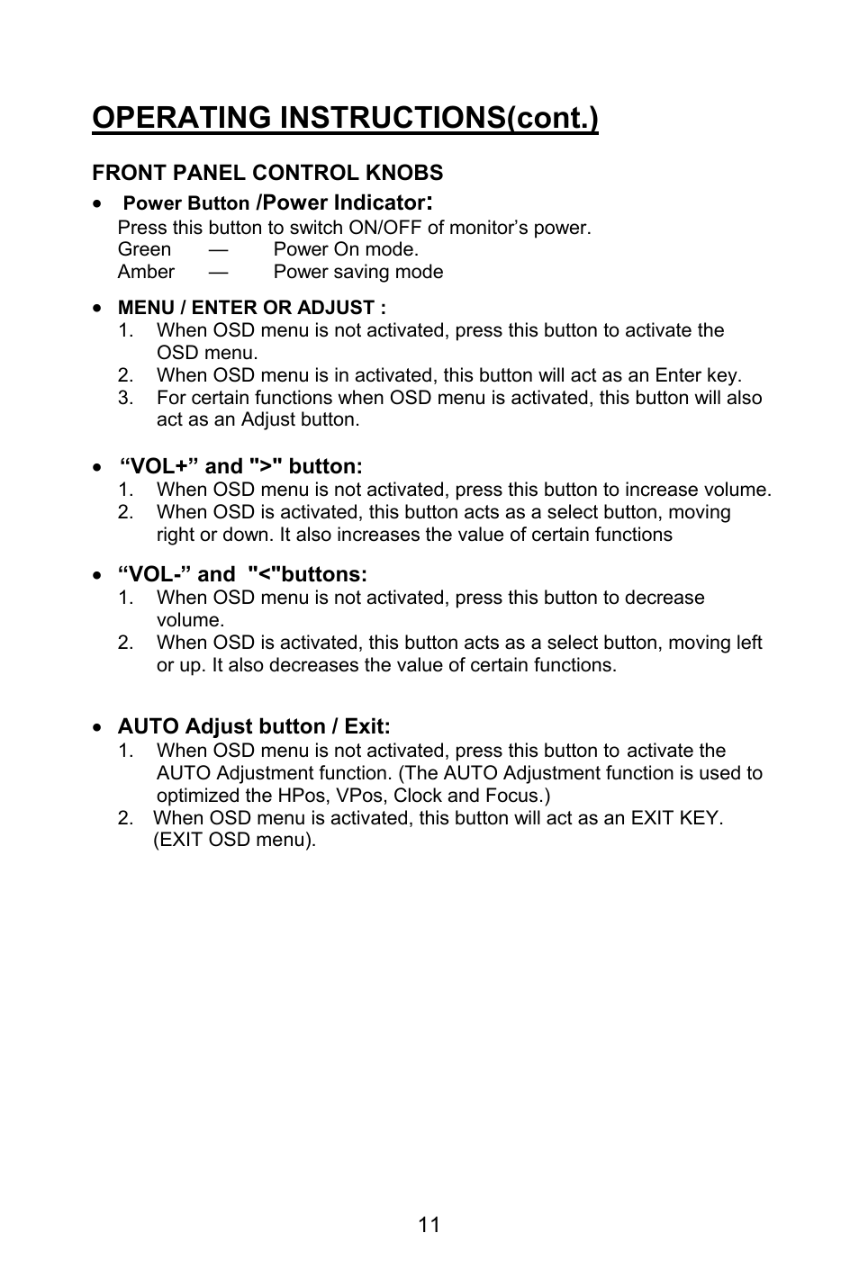Operating instructions(cont.) | Planar PL1520M User Manual | Page 14 / 36