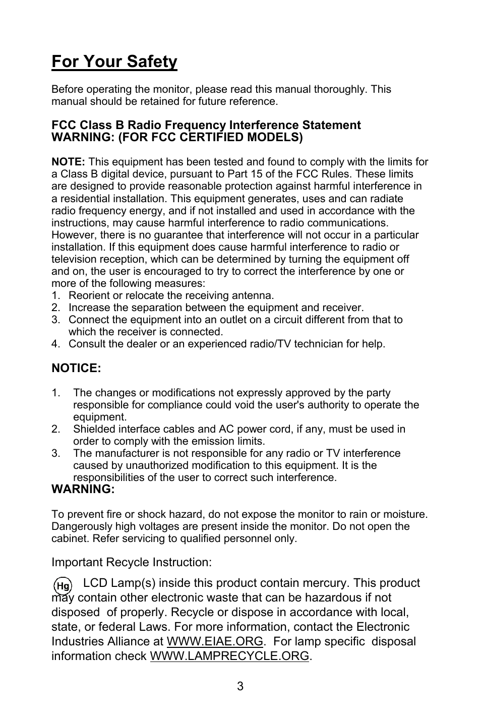 For your safety | Planar PL1520M User Manual | Page 6 / 36