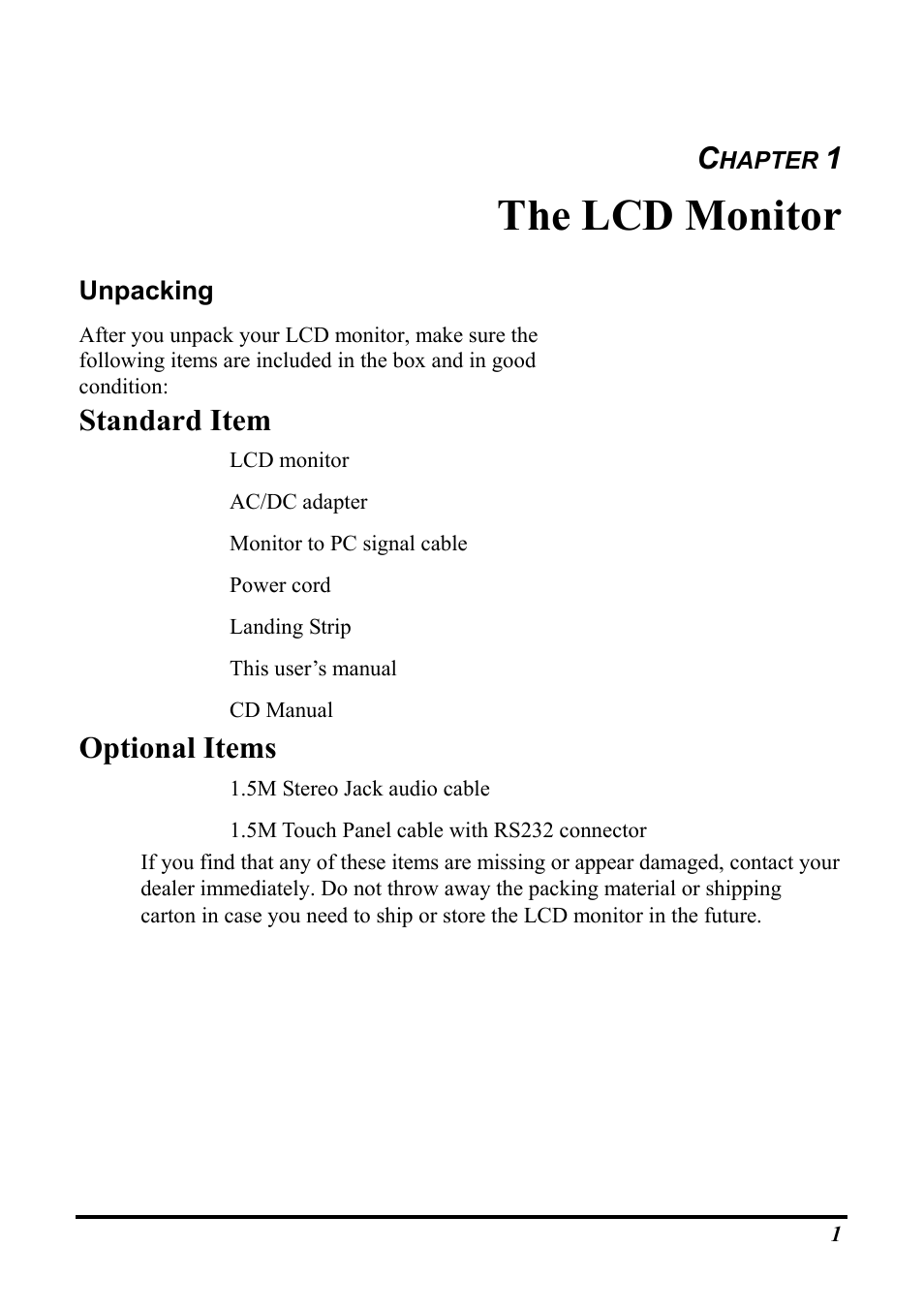 The lcd monitor, Standard item, Optional items | Planar PT1503NT User Manual | Page 6 / 21
