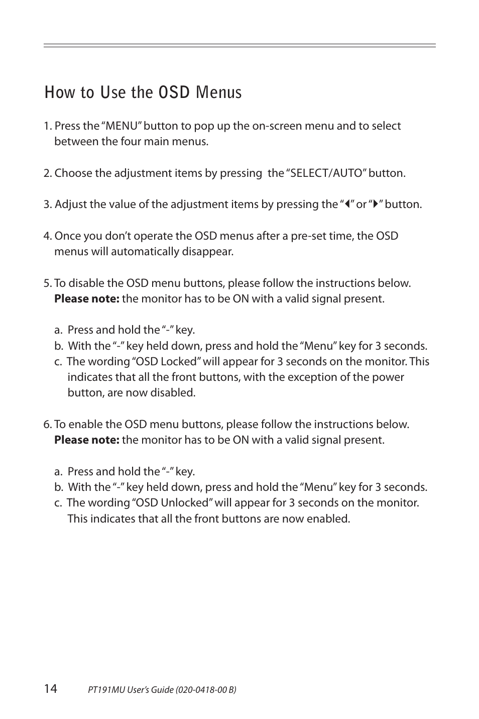 How to use the osd menus | Planar PT191MU User Manual | Page 14 / 24