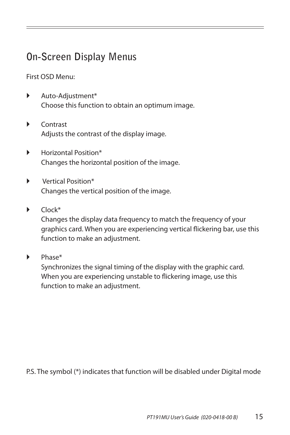 On-screen display menus | Planar PT191MU User Manual | Page 15 / 24