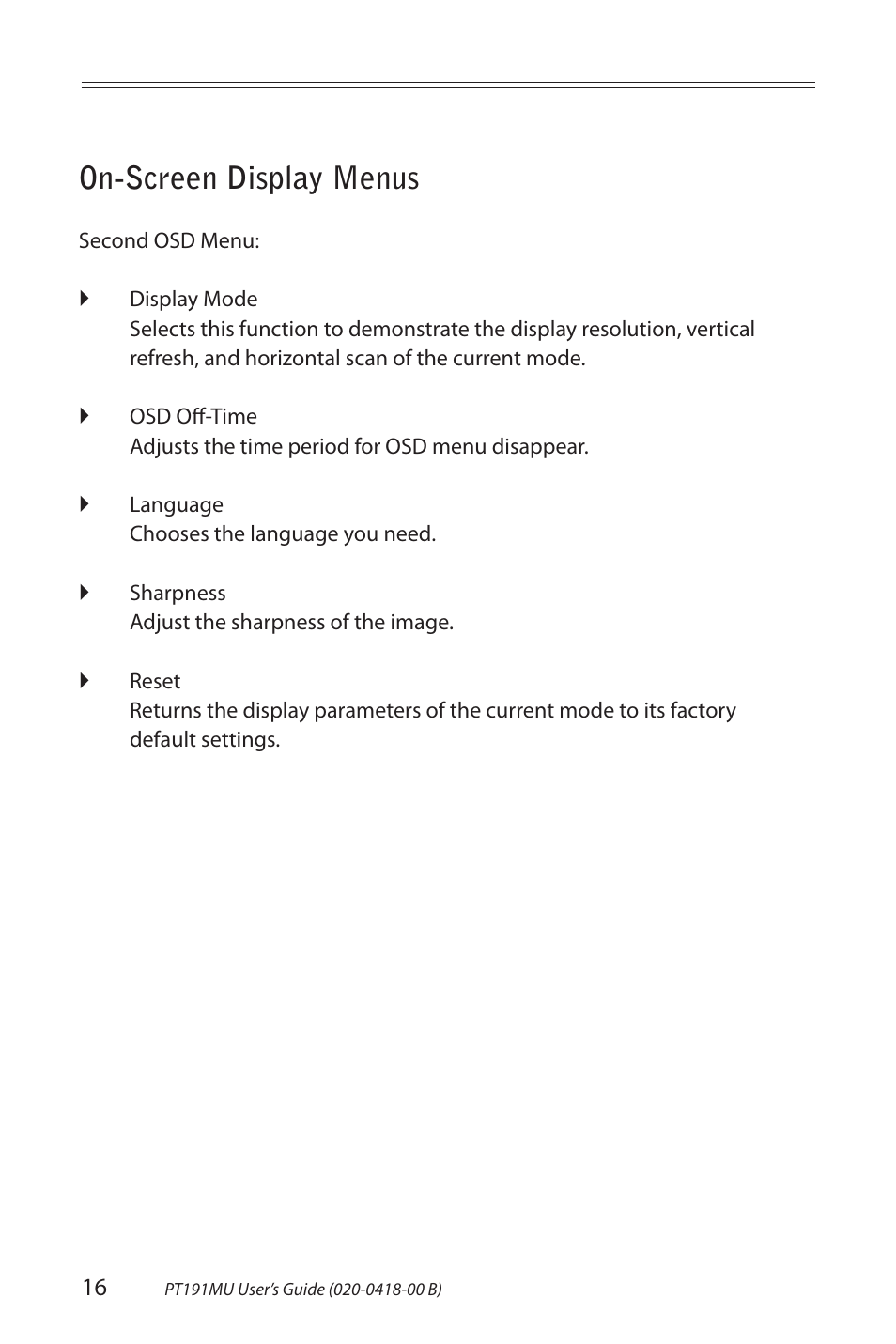 On-screen display menus | Planar PT191MU User Manual | Page 16 / 24