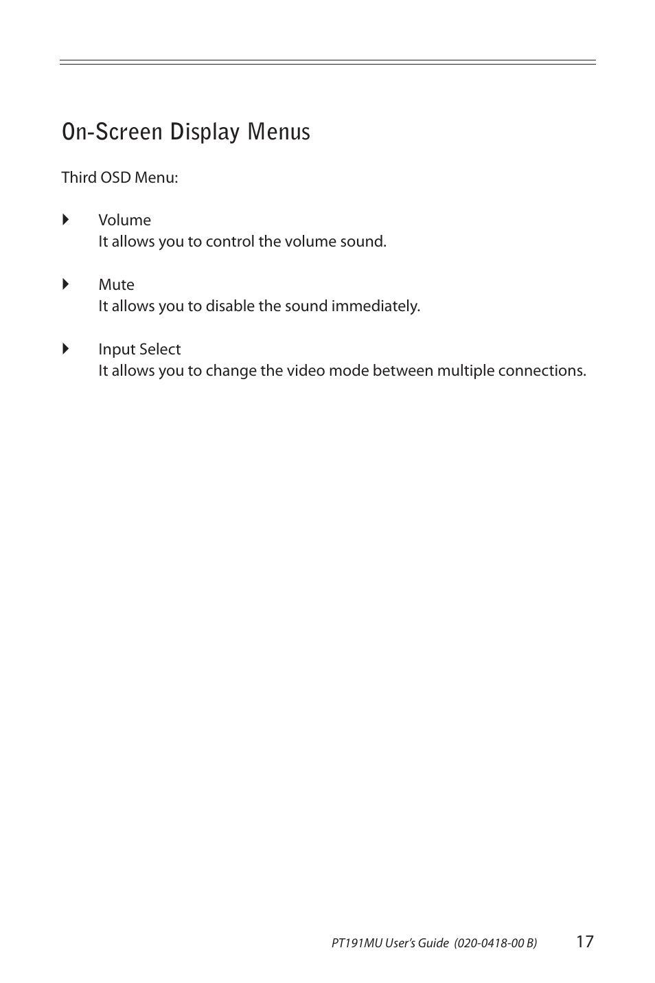 On-screen display menus | Planar PT191MU User Manual | Page 17 / 24