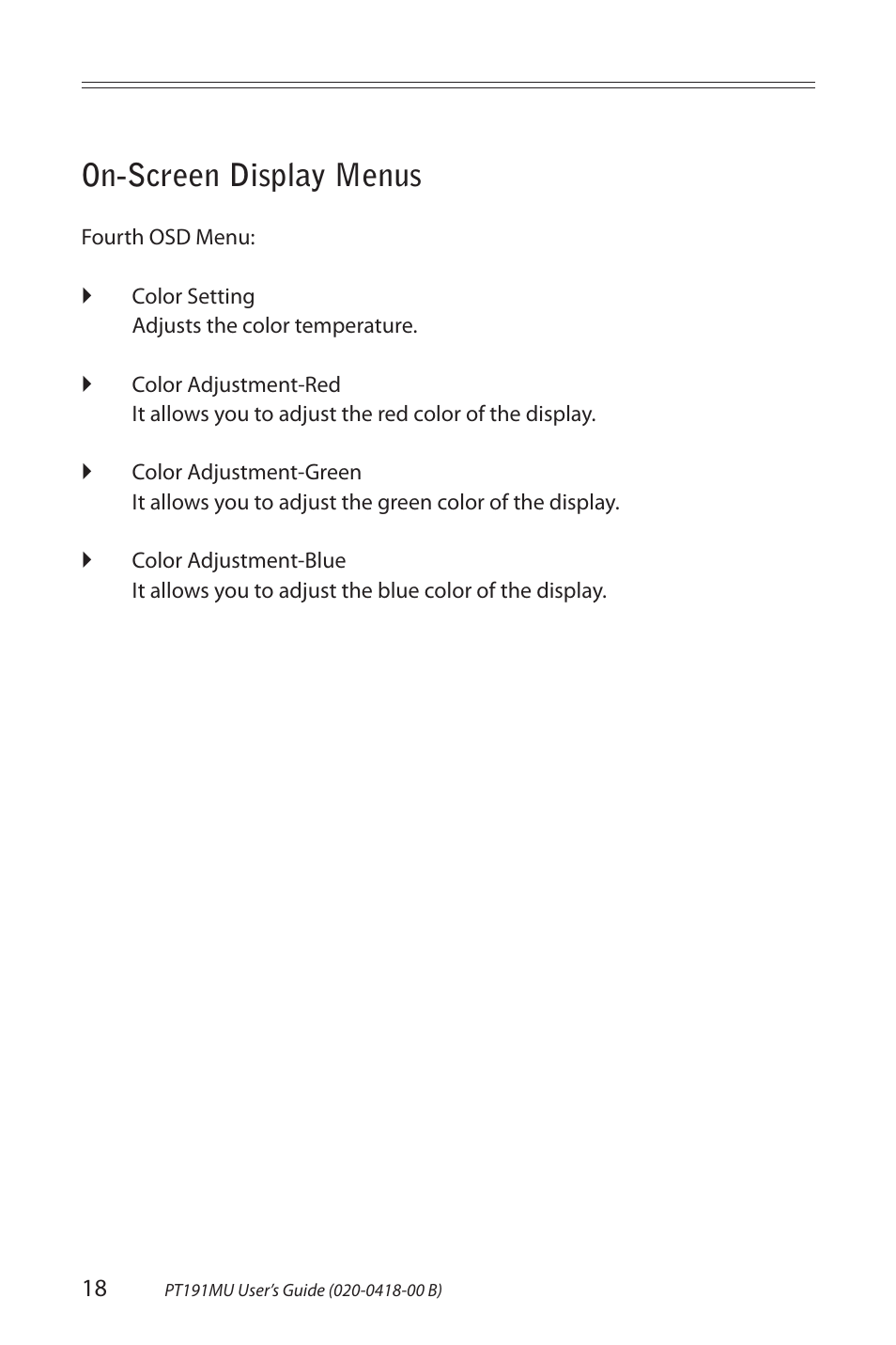 On-screen display menus | Planar PT191MU User Manual | Page 18 / 24