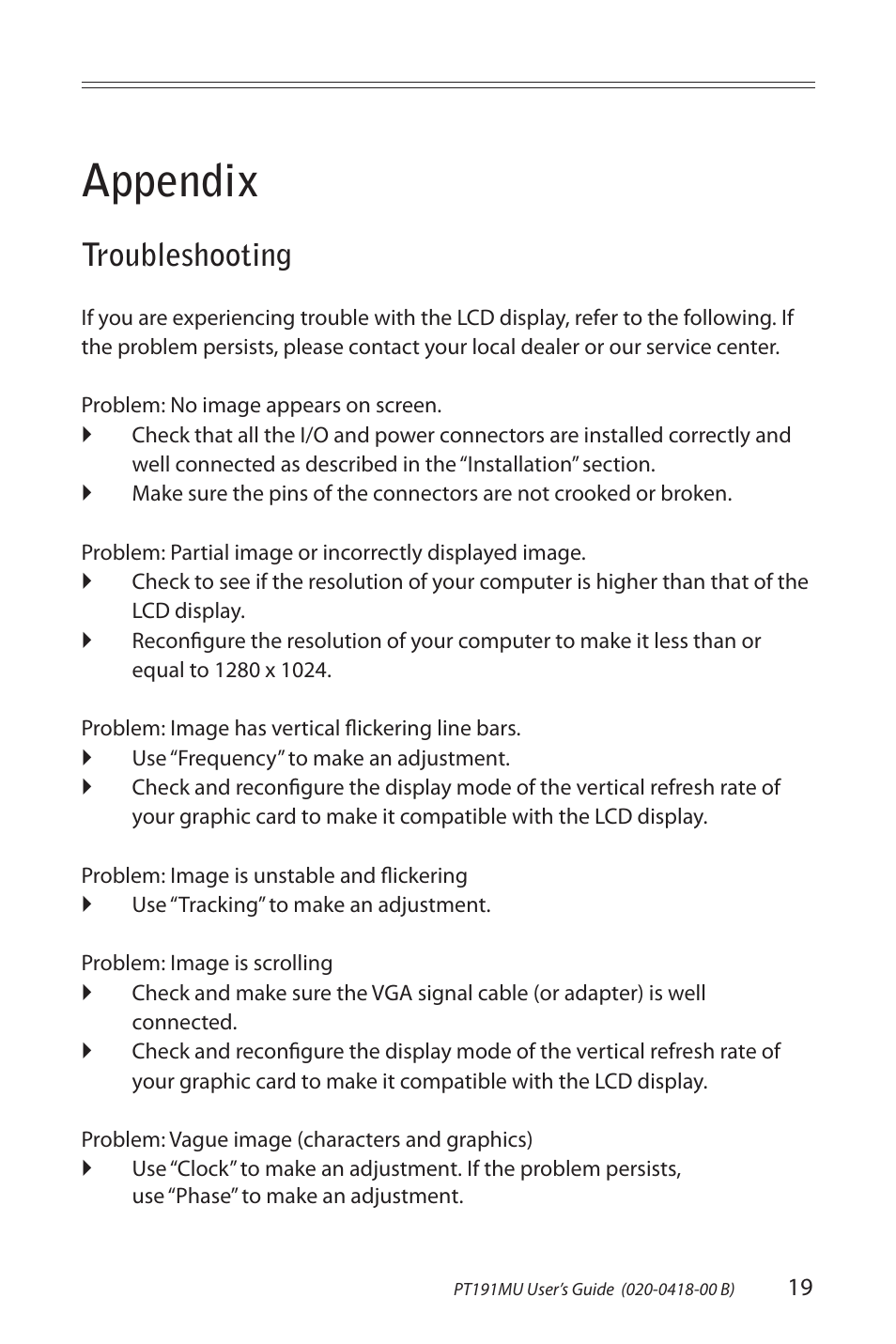 Appendix, Troubleshooting | Planar PT191MU User Manual | Page 19 / 24