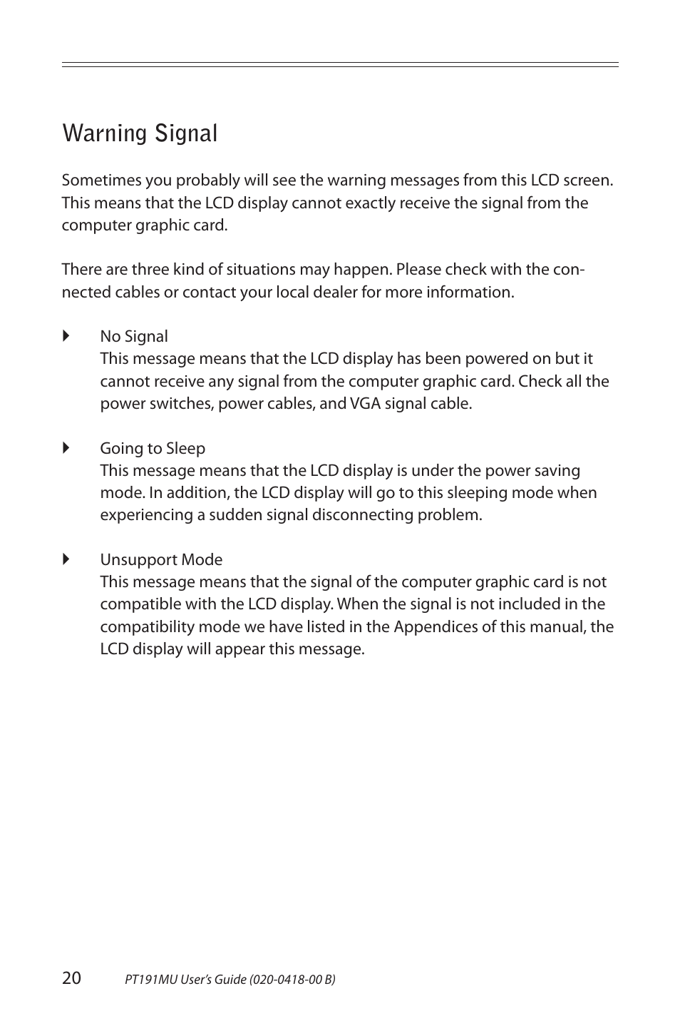 Warning signal | Planar PT191MU User Manual | Page 20 / 24