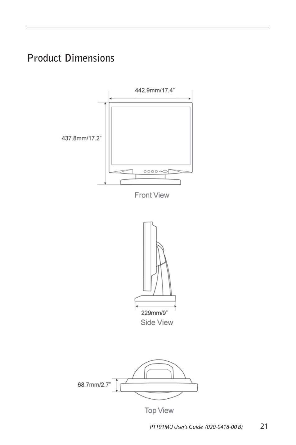 Product dimensions | Planar PT191MU User Manual | Page 21 / 24