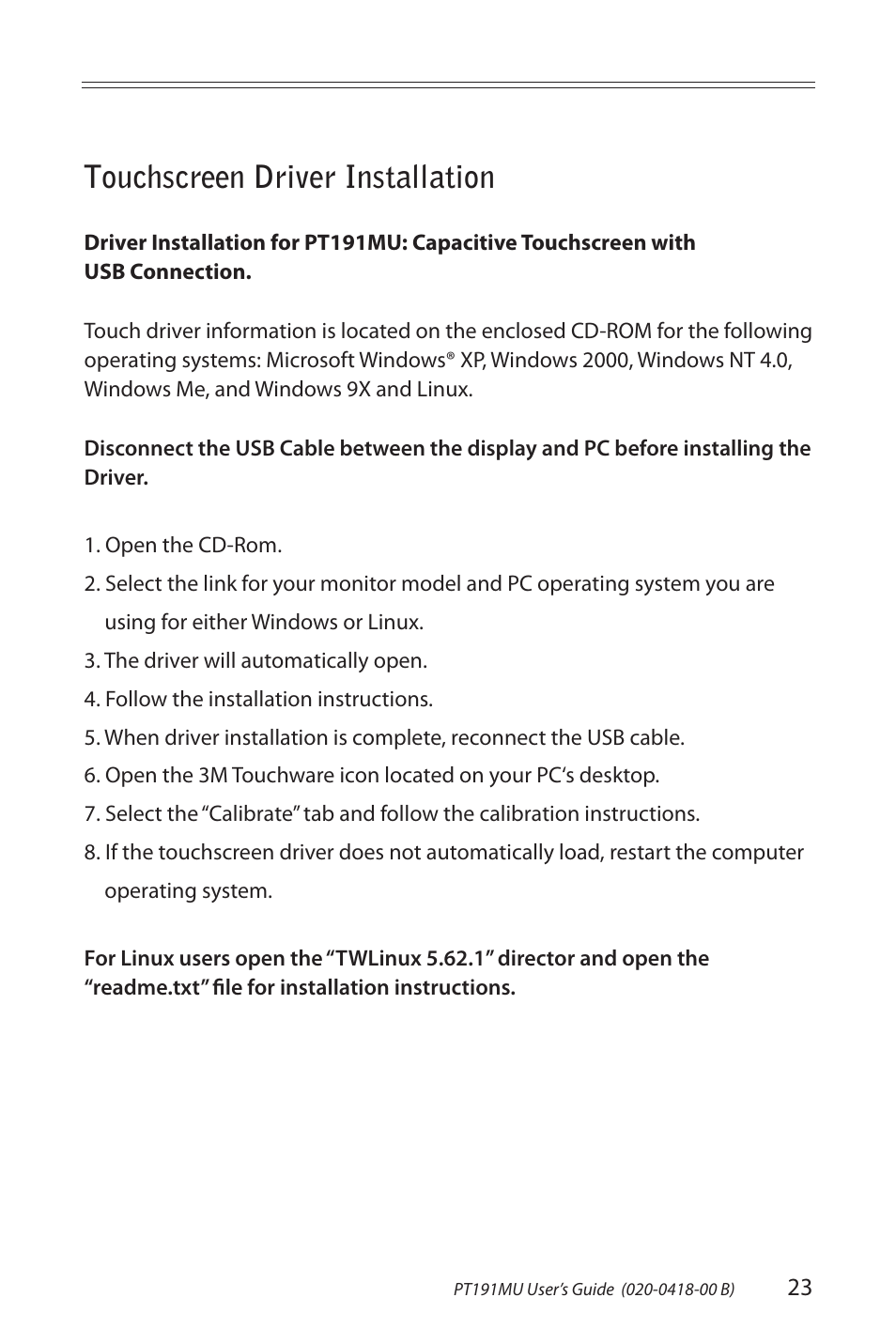 Touchscreen driver installation | Planar PT191MU User Manual | Page 23 / 24