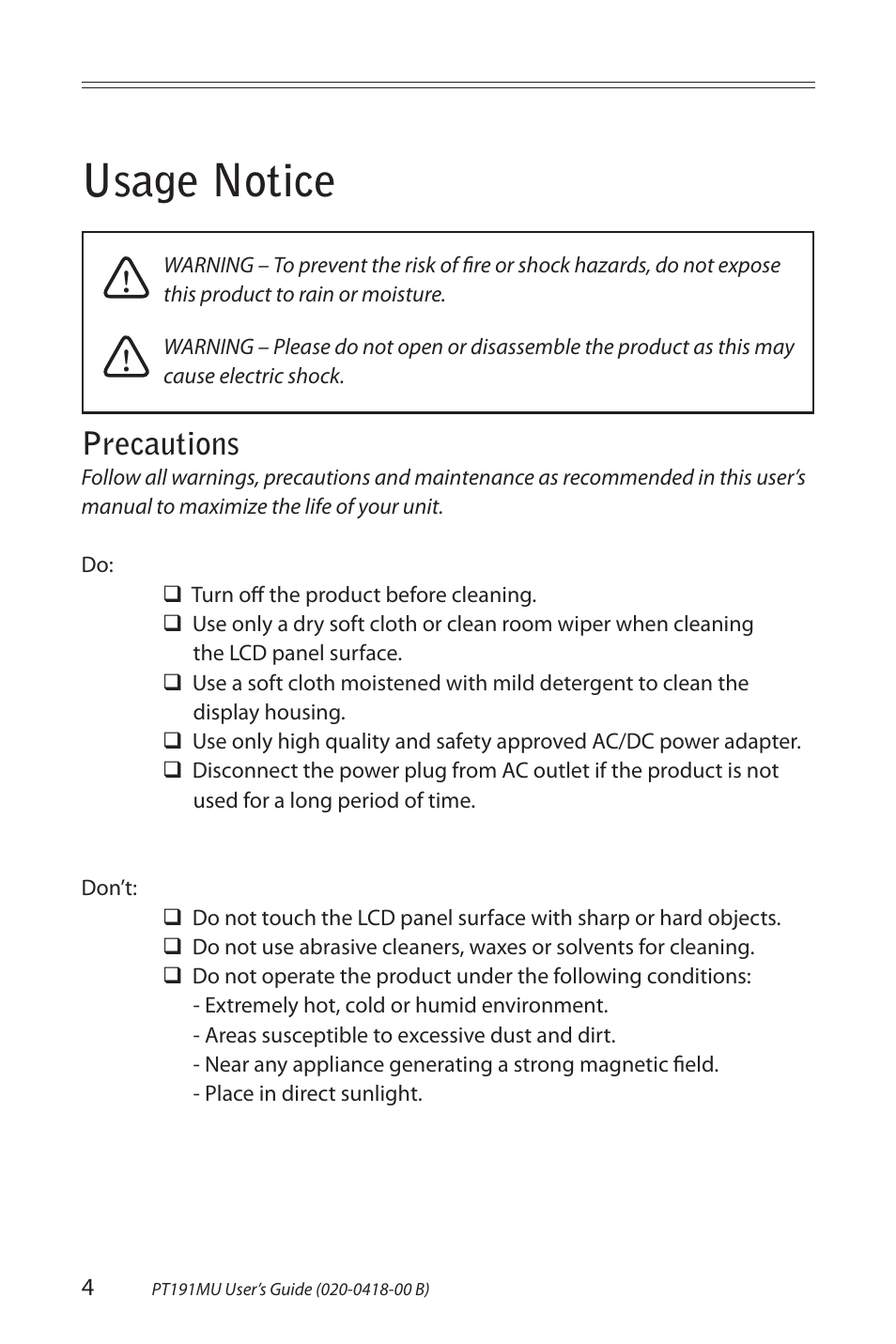 Usage notice, Precautions | Planar PT191MU User Manual | Page 4 / 24